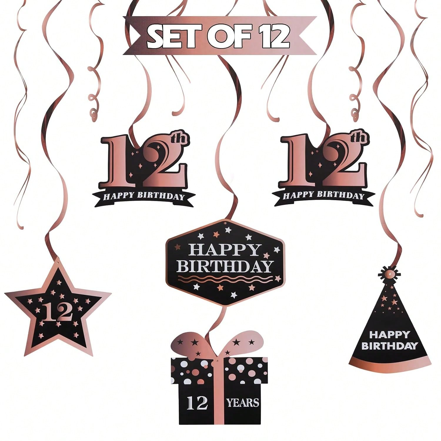 Happy 12th Birthday Rose Gold Streamers for 12 Years Old Party Decorations