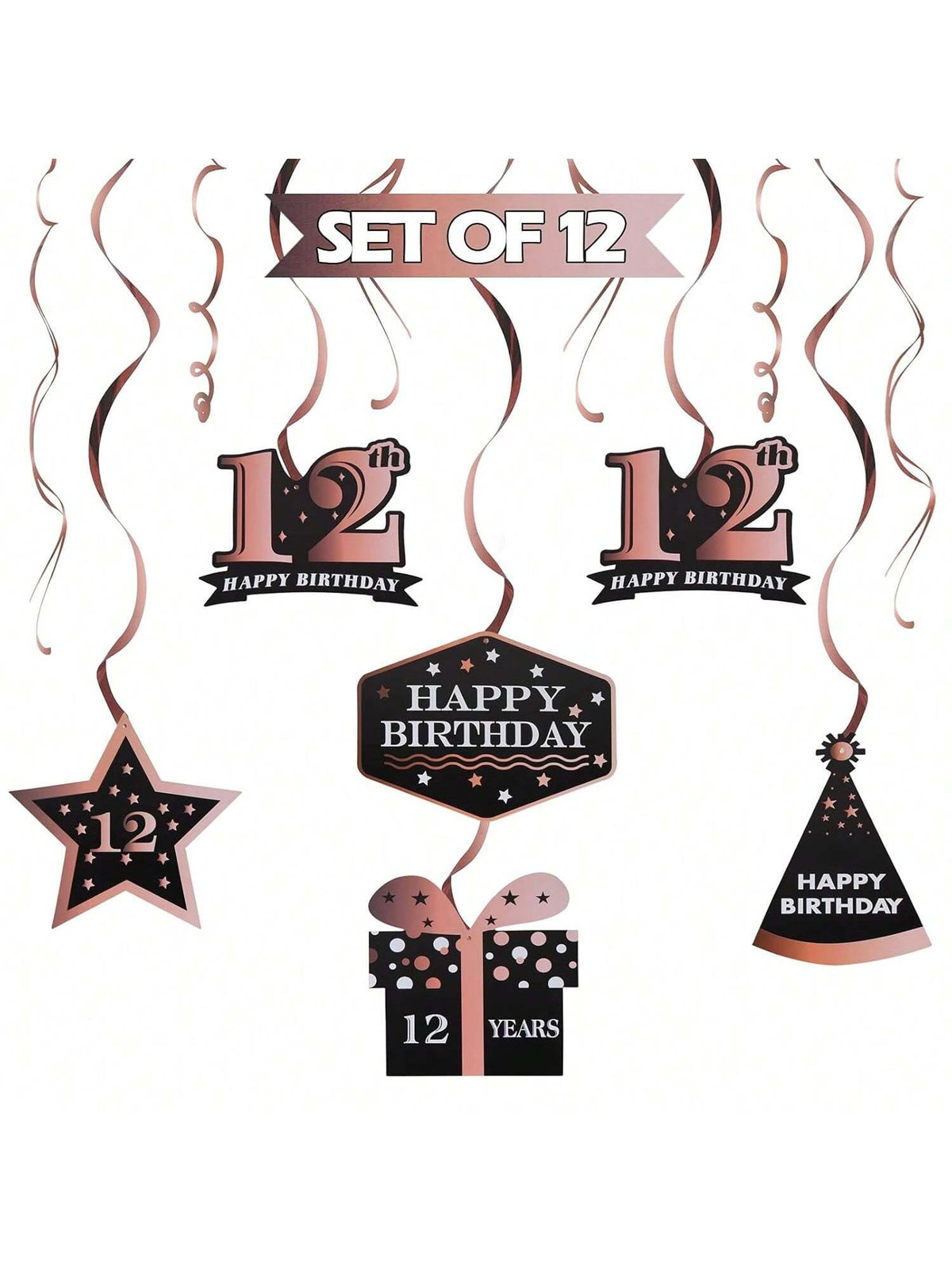 Happy 12th Birthday Rose Gold Streamers for 12 Years Old Party Decorations