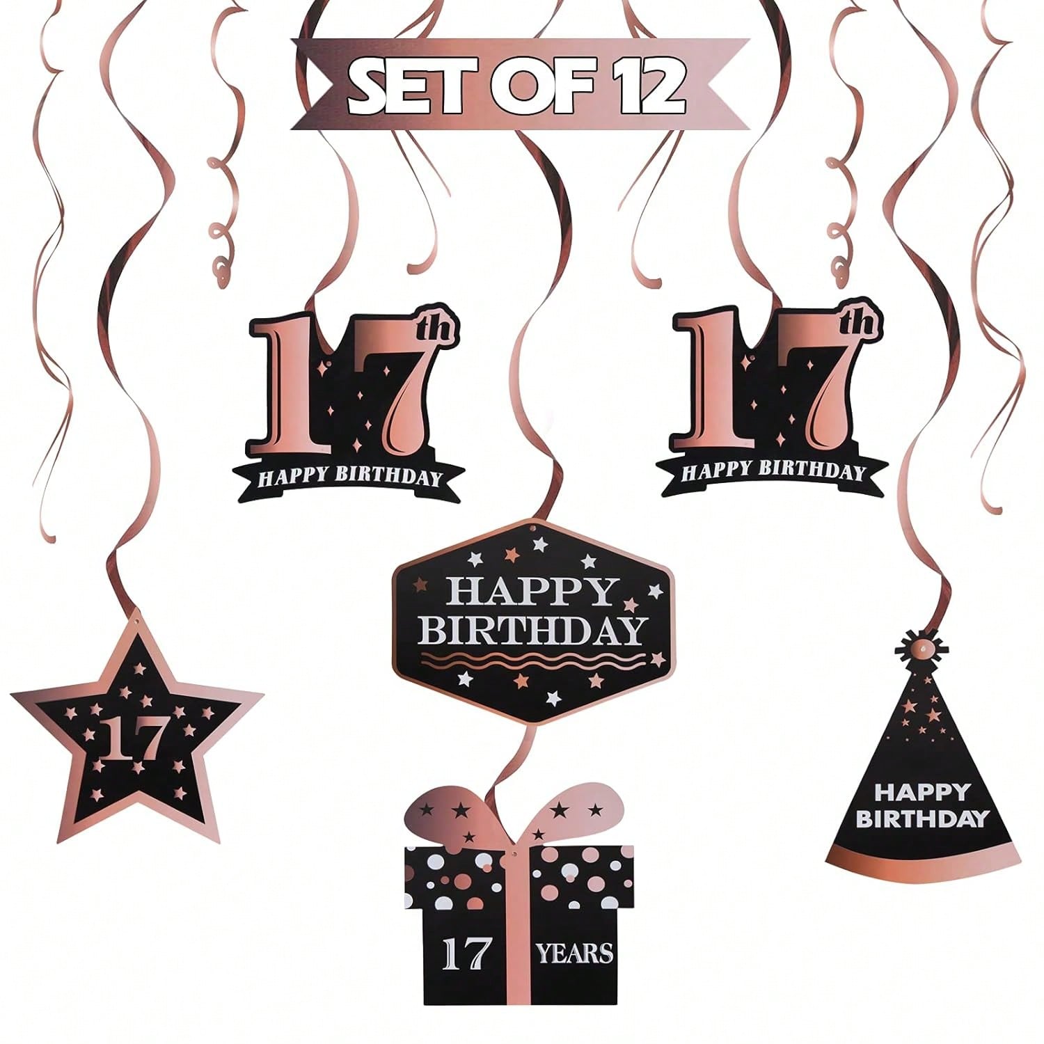 Happy 17th Birthday Rose Gold Streamers for 17 Years Old Party Decorations