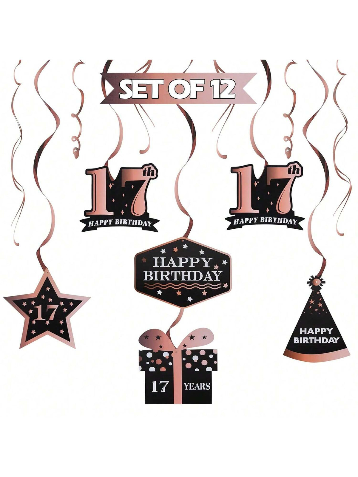Happy 17th Birthday Rose Gold Streamers for 17 Years Old Party Decorations