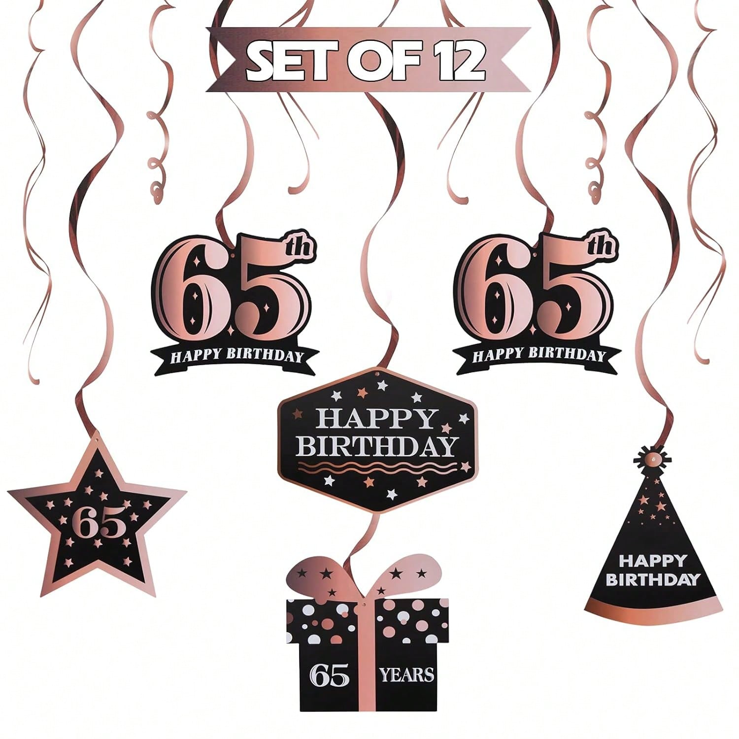 Happy 65th Birthday Rose Gold Streamers for 65 Years Old Party Decorations