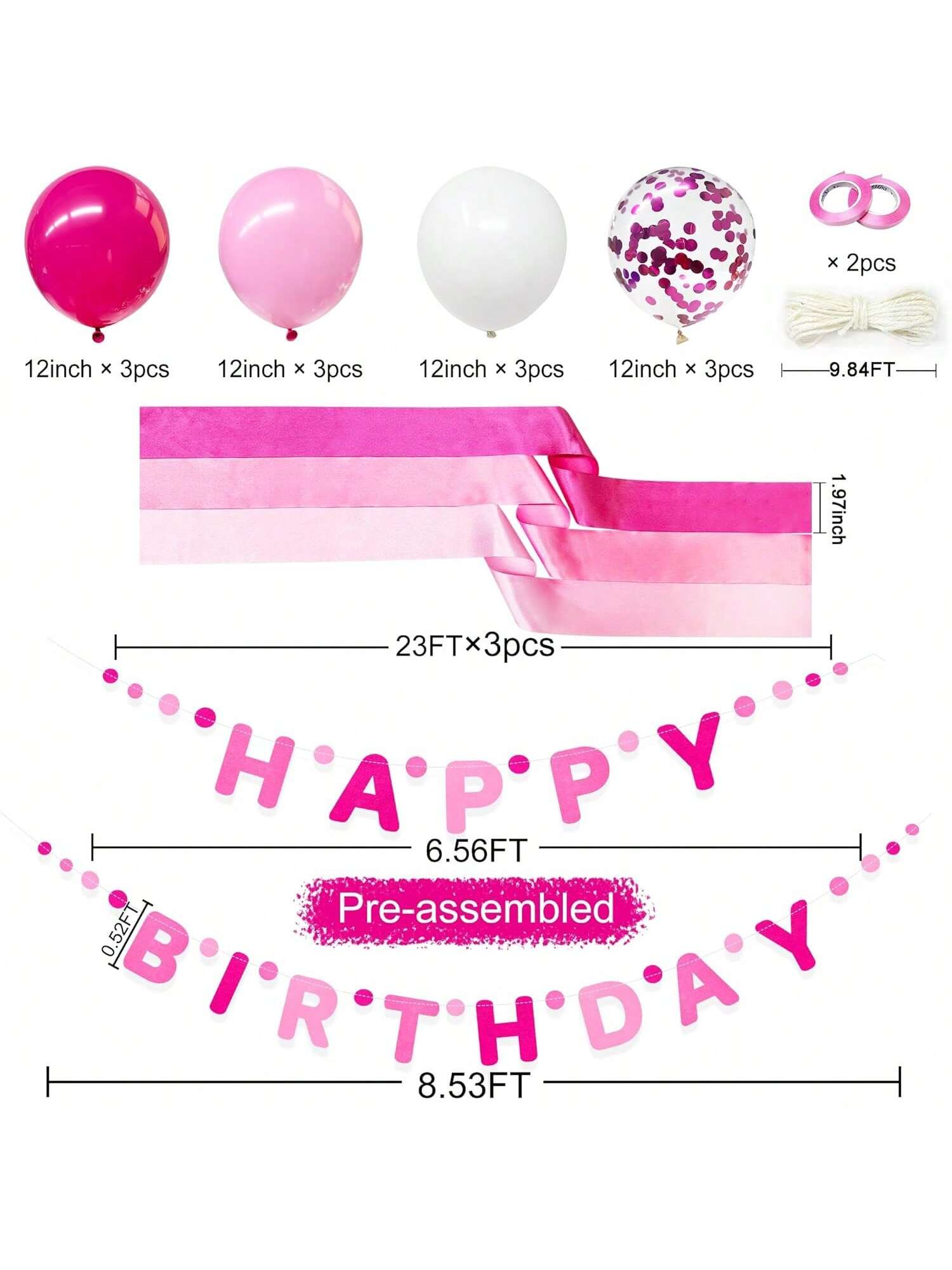 Hot Pink Felt Party Decorations with Banner, Ribbon, and Balloon Backdrop