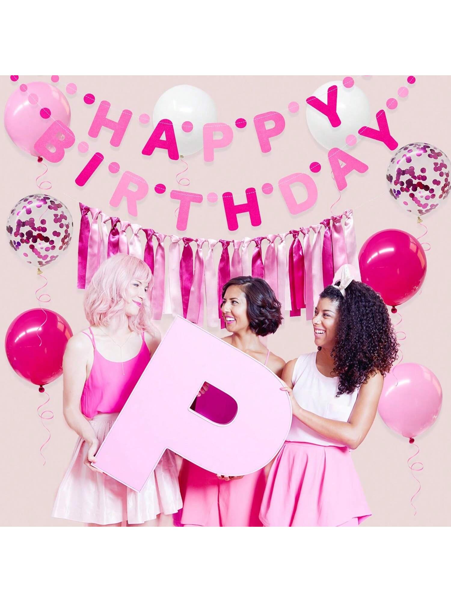 Hot Pink Felt Party Decorations with Banner, Ribbon, and Balloon Backdrop