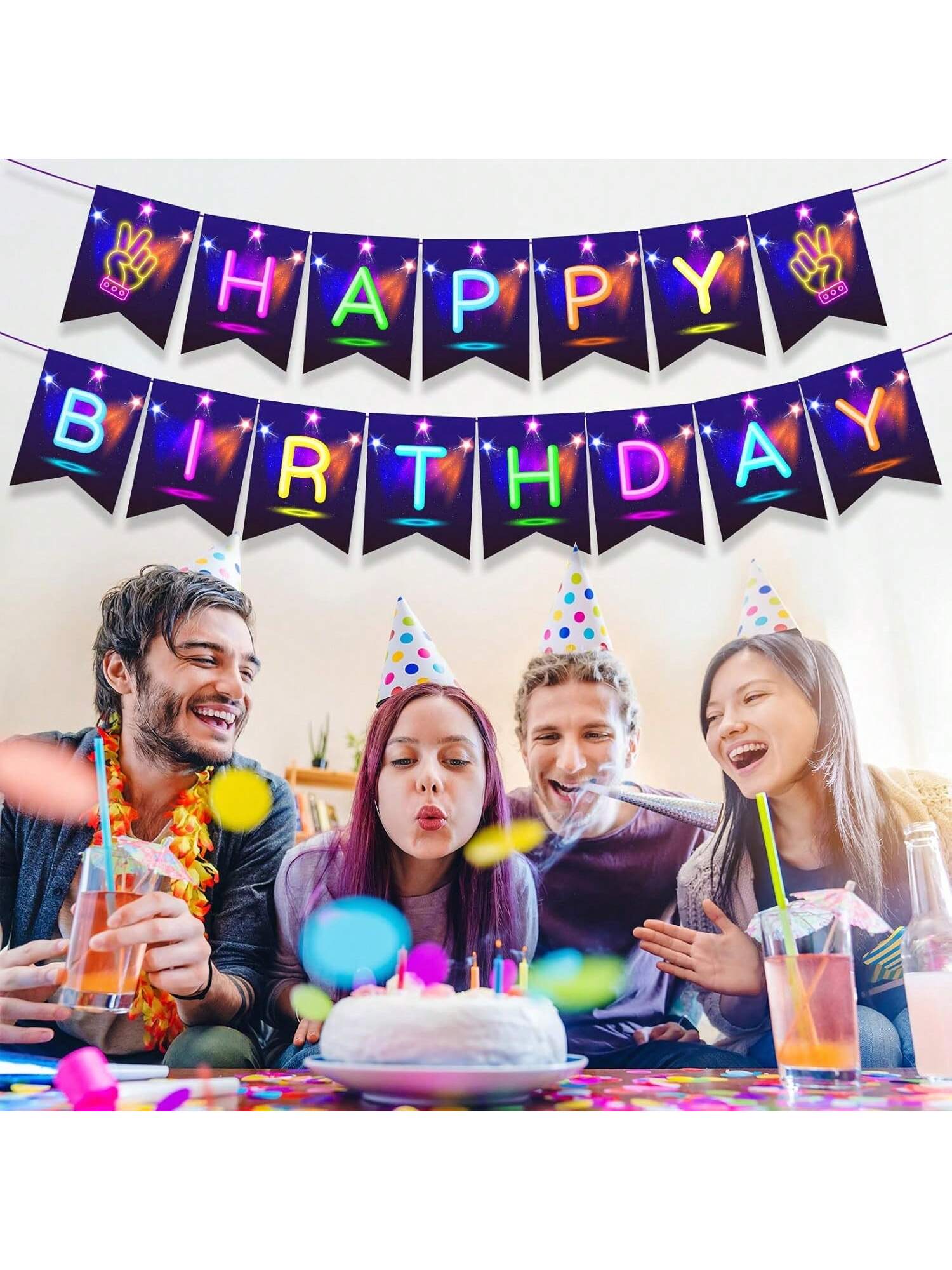 Neon Glow Happy Birthday Banner Glow in Dark Party Decoration for Kids Adults