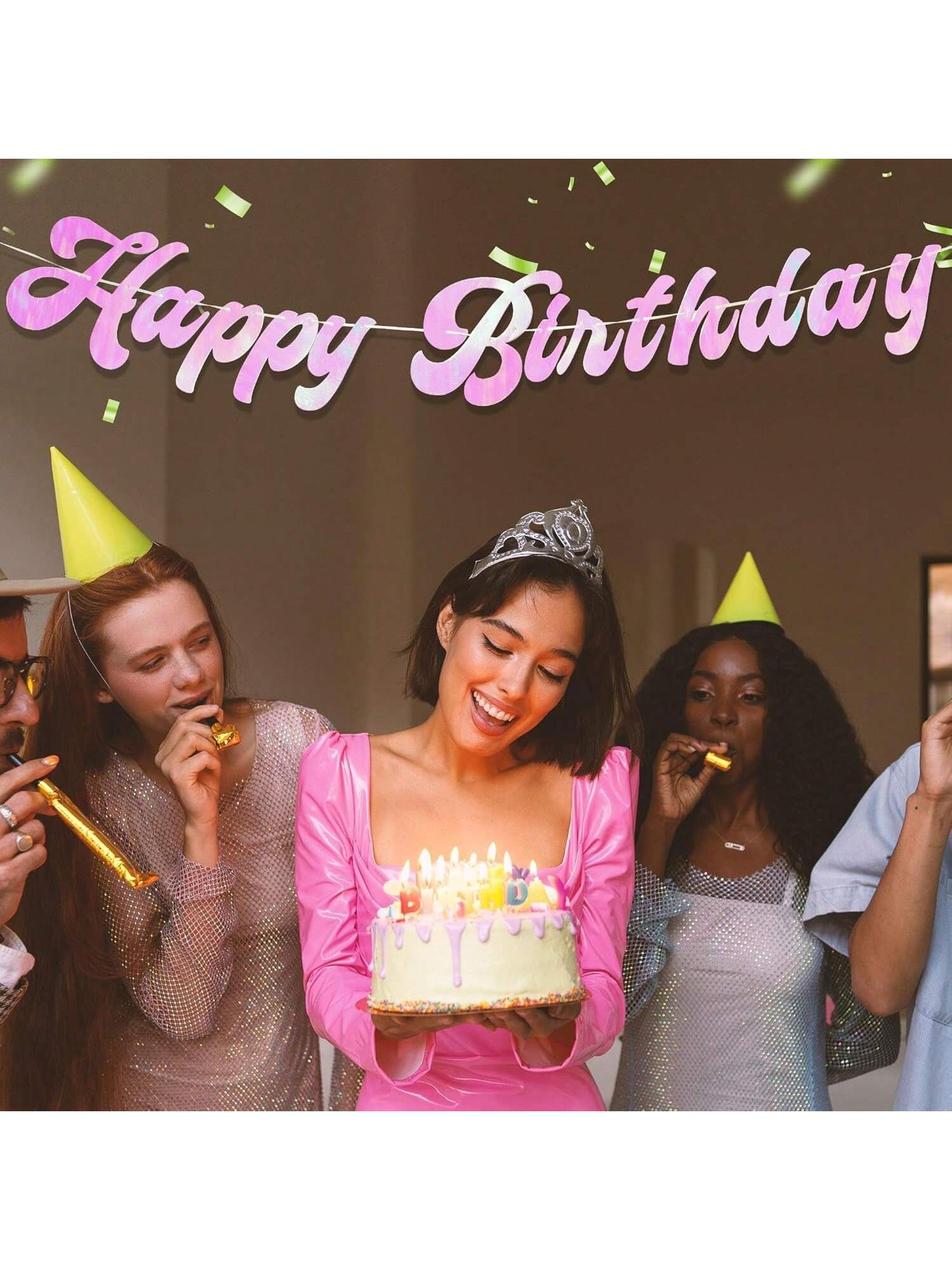 6 Ft Pink Iridescent Happy Birthday Pre-Strung Banner for Party Decor