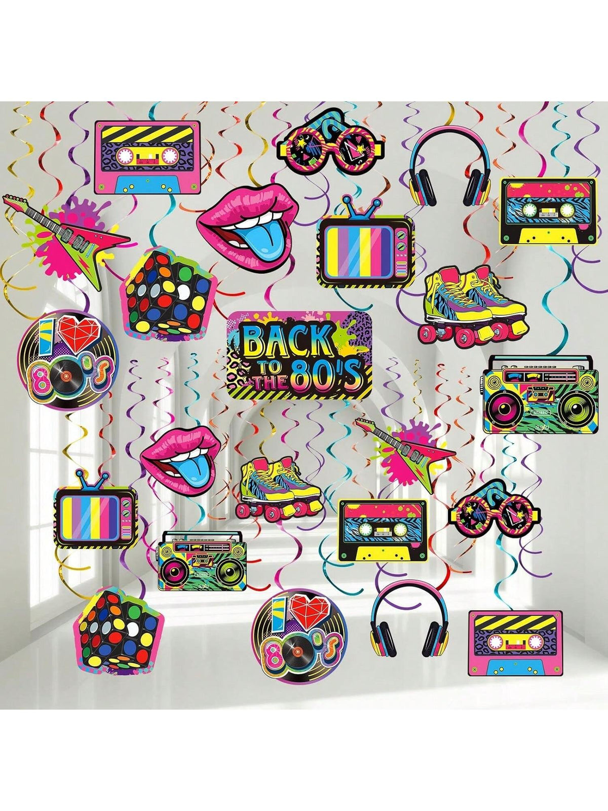 53pcs 80s Party Hanging Swirls Retro Hip Hop Neon Ceiling Decor for Adults