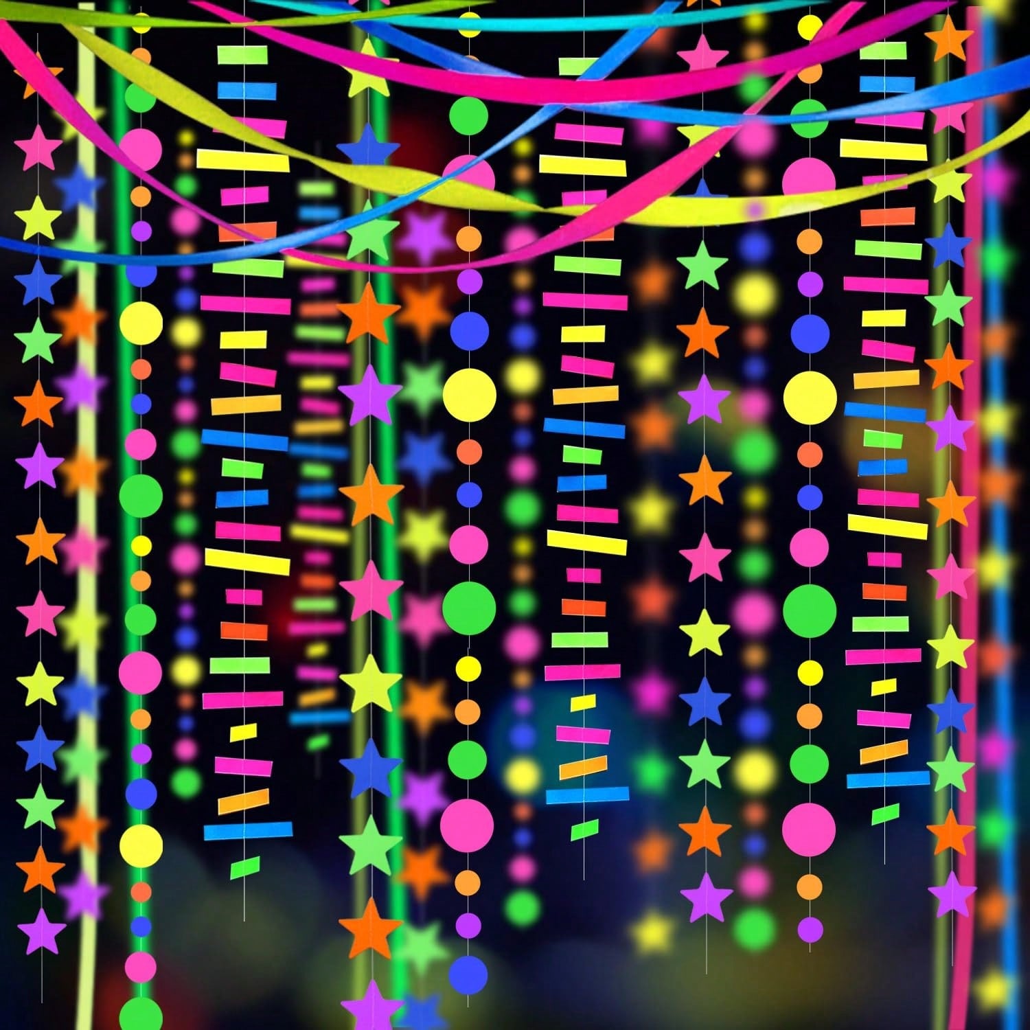 703FT UV Neon Paper Garland Glow in the Dark Streamers for Party Decor