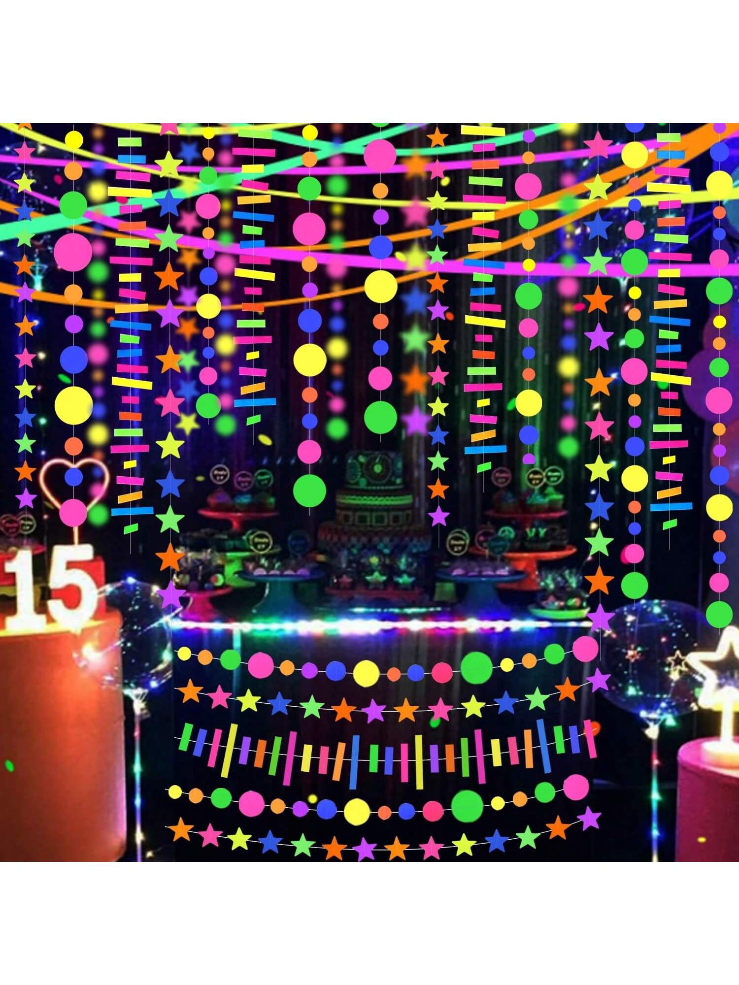 703FT UV Neon Paper Garland Glow in the Dark Streamers for Party Decor