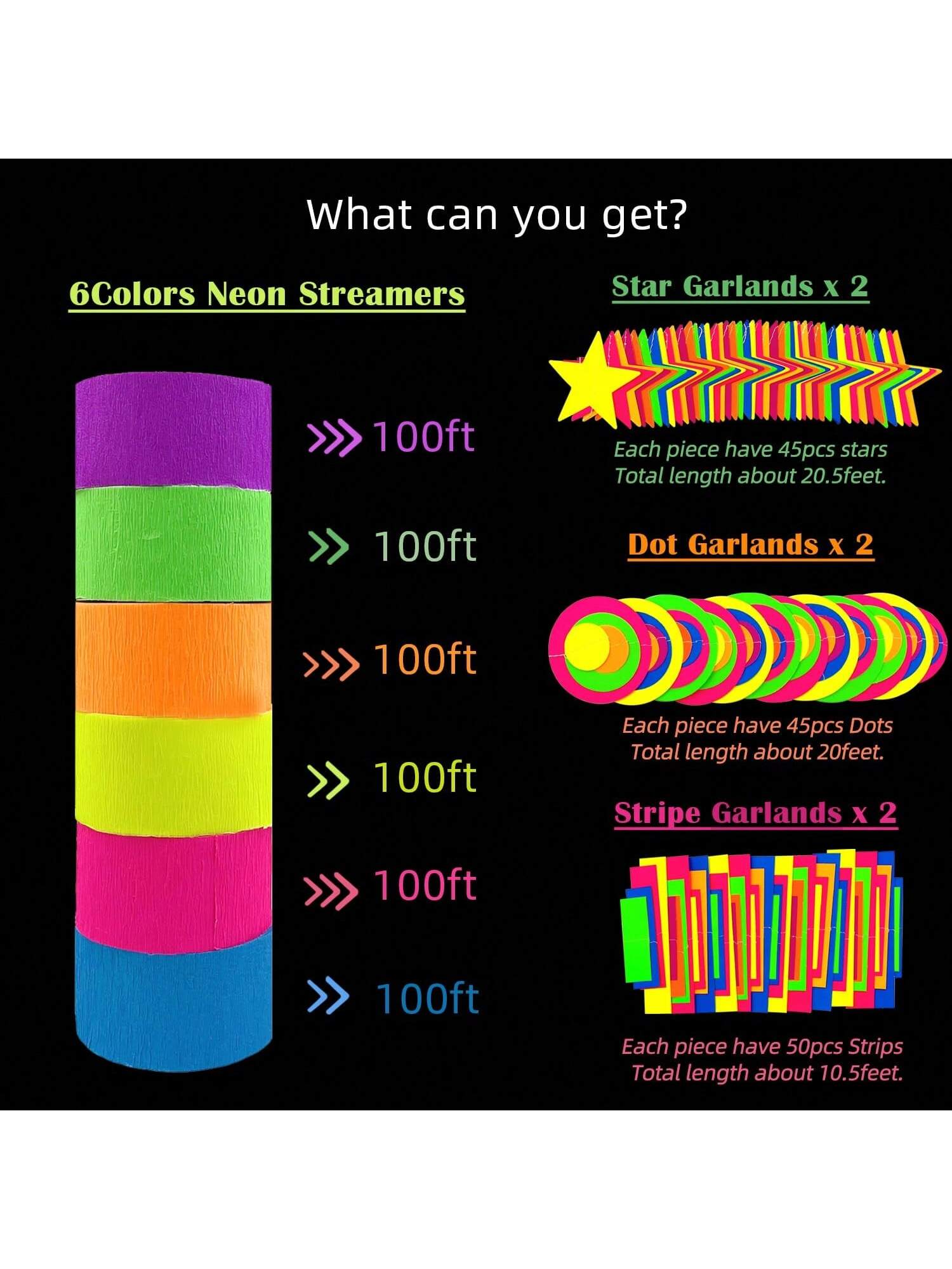 703FT UV Neon Paper Garland Glow in the Dark Streamers for Party Decor