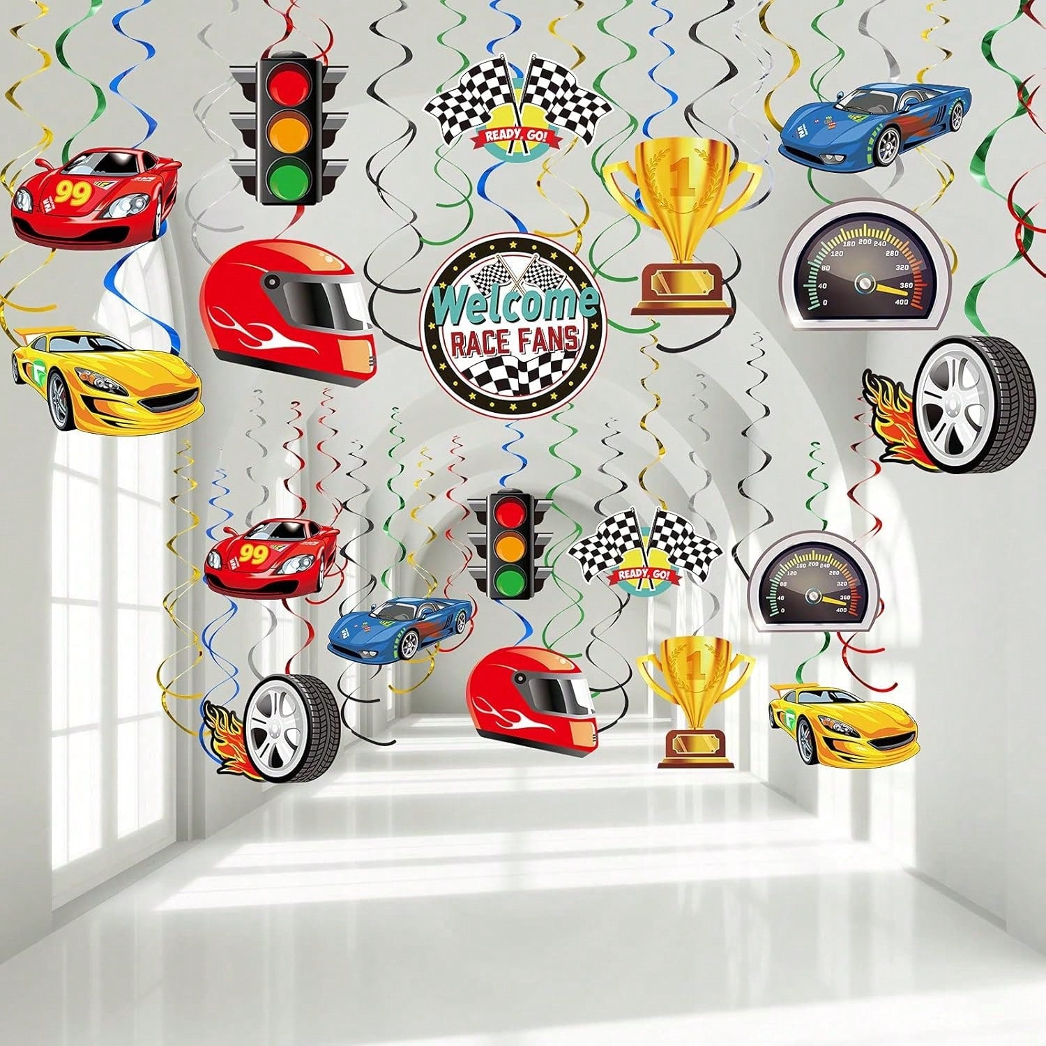 30pcs Race Car Party Hanging Swirls Checkered Flag Ceiling Decorations
