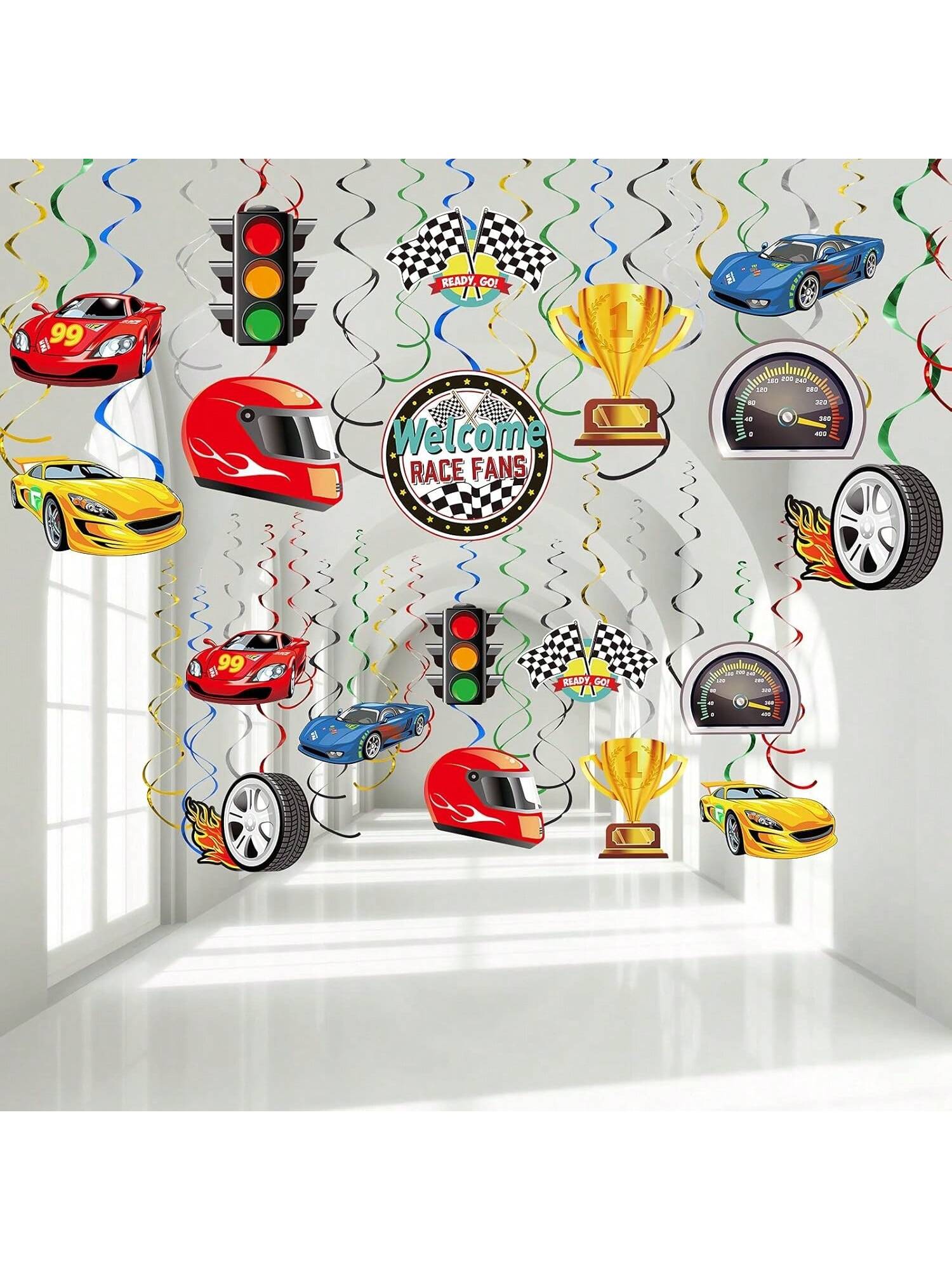 30pcs Race Car Party Hanging Swirls Checkered Flag Ceiling Decorations