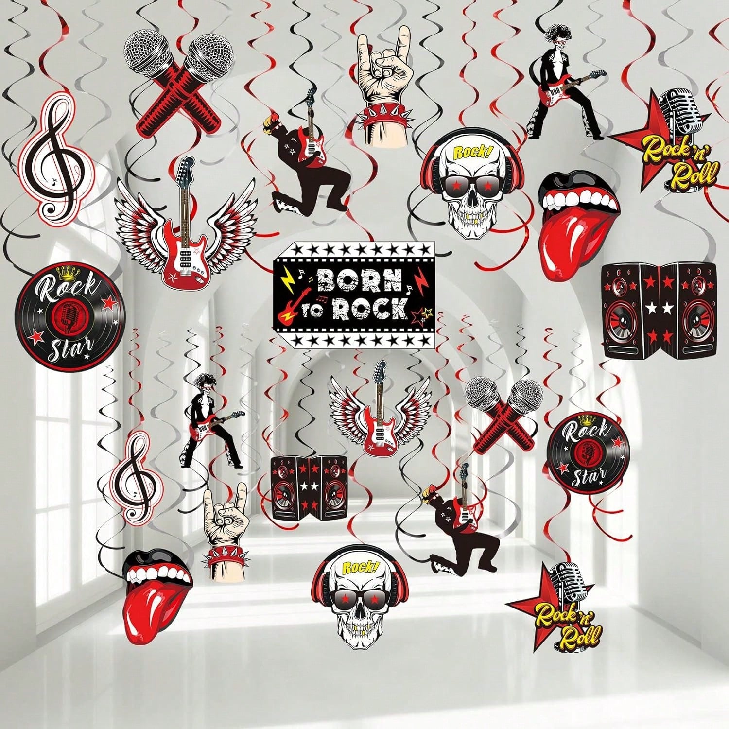 53PCS Rock & Roll Party Decorations Guitar Record Swirls Ceiling Decor