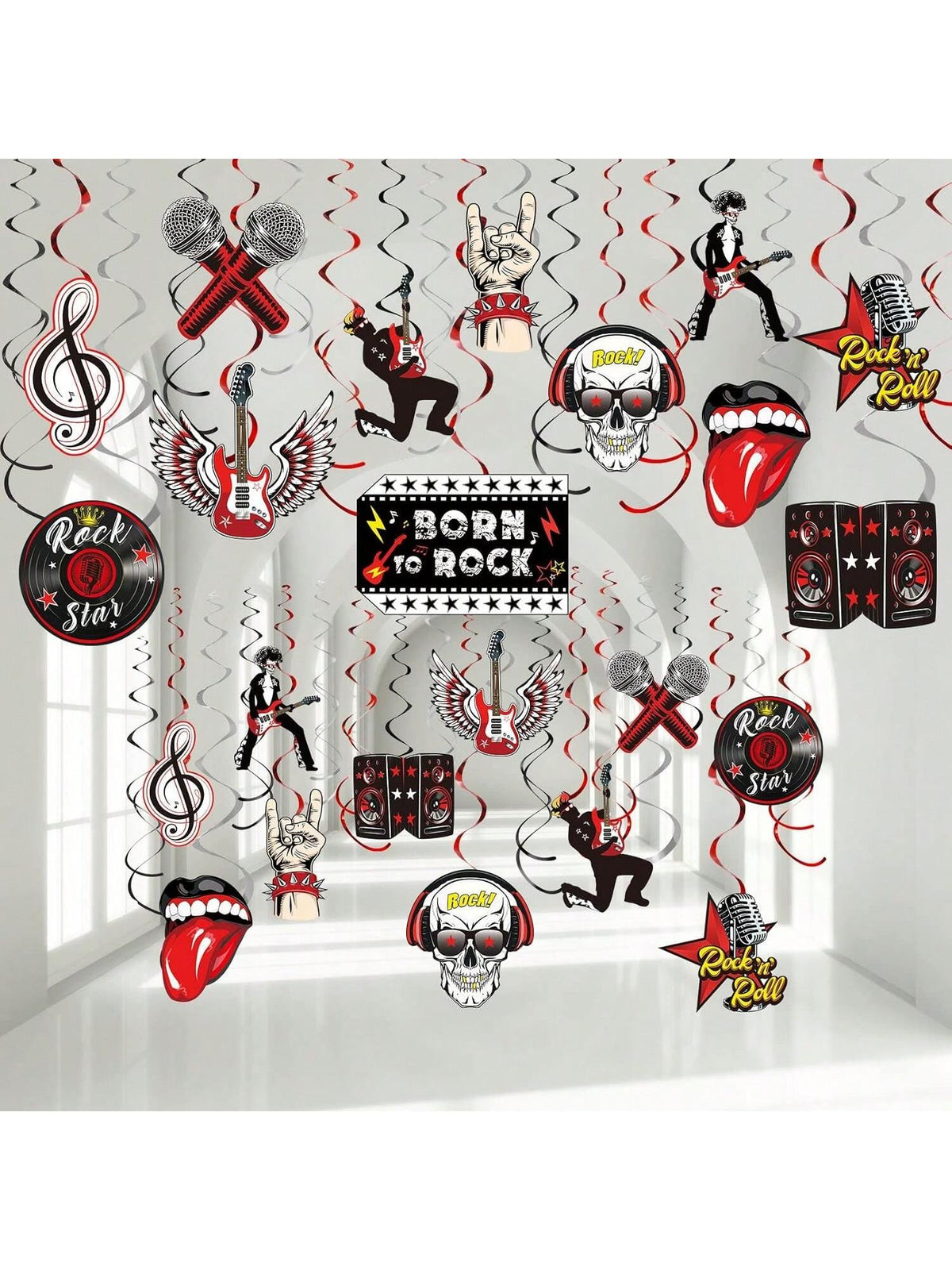 53PCS Rock & Roll Party Decorations Guitar Record Swirls Ceiling Decor