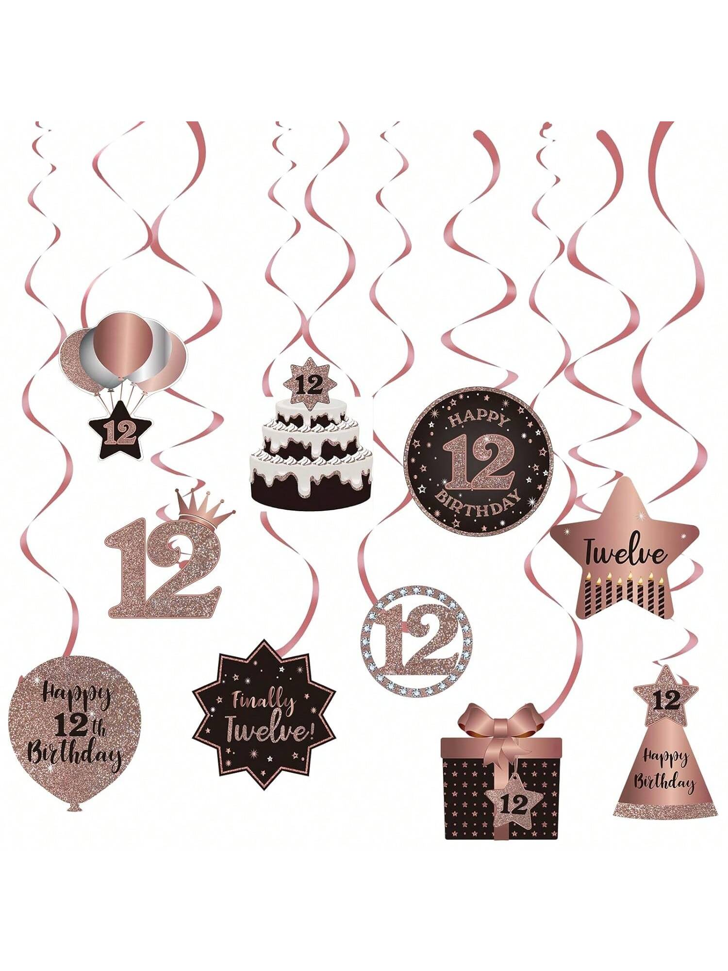 Happy 12th Birthday Hanging Foil Swirls with Cutouts Rose Gold Decor