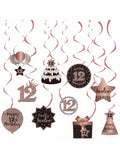 Happy 12th Birthday Hanging Foil Swirls with Cutouts Rose Gold Decor