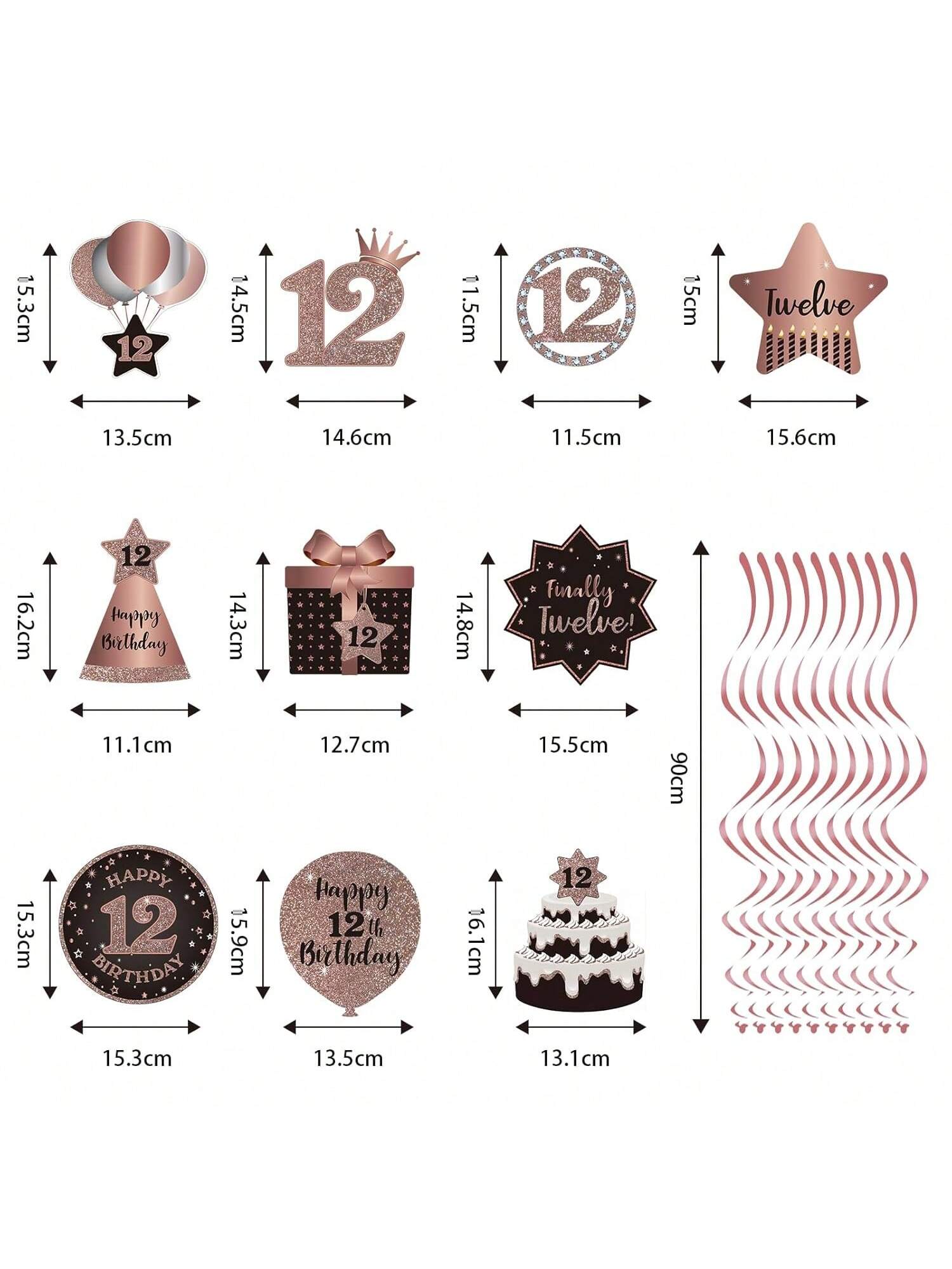 Happy 12th Birthday Hanging Foil Swirls with Cutouts Rose Gold Decor