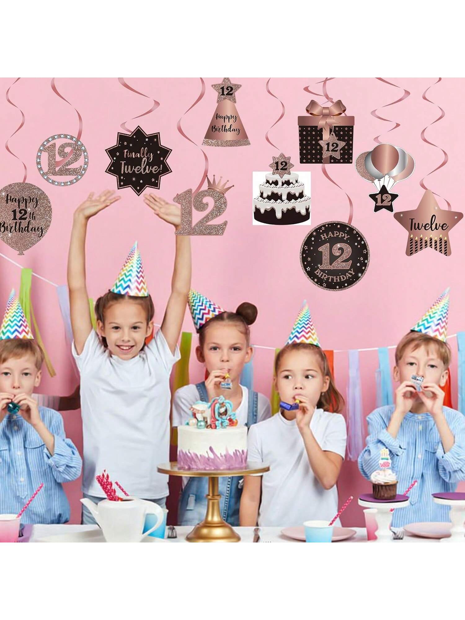 Happy 12th Birthday Hanging Foil Swirls with Cutouts Rose Gold Decor