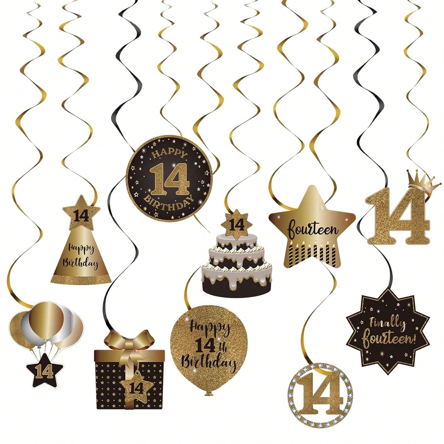 Happy 14th Birthday Hanging Foil Swirls with Cutouts Black & Gold Decor