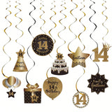 Happy 14th Birthday Hanging Foil Swirls with Cutouts Black & Gold Decor