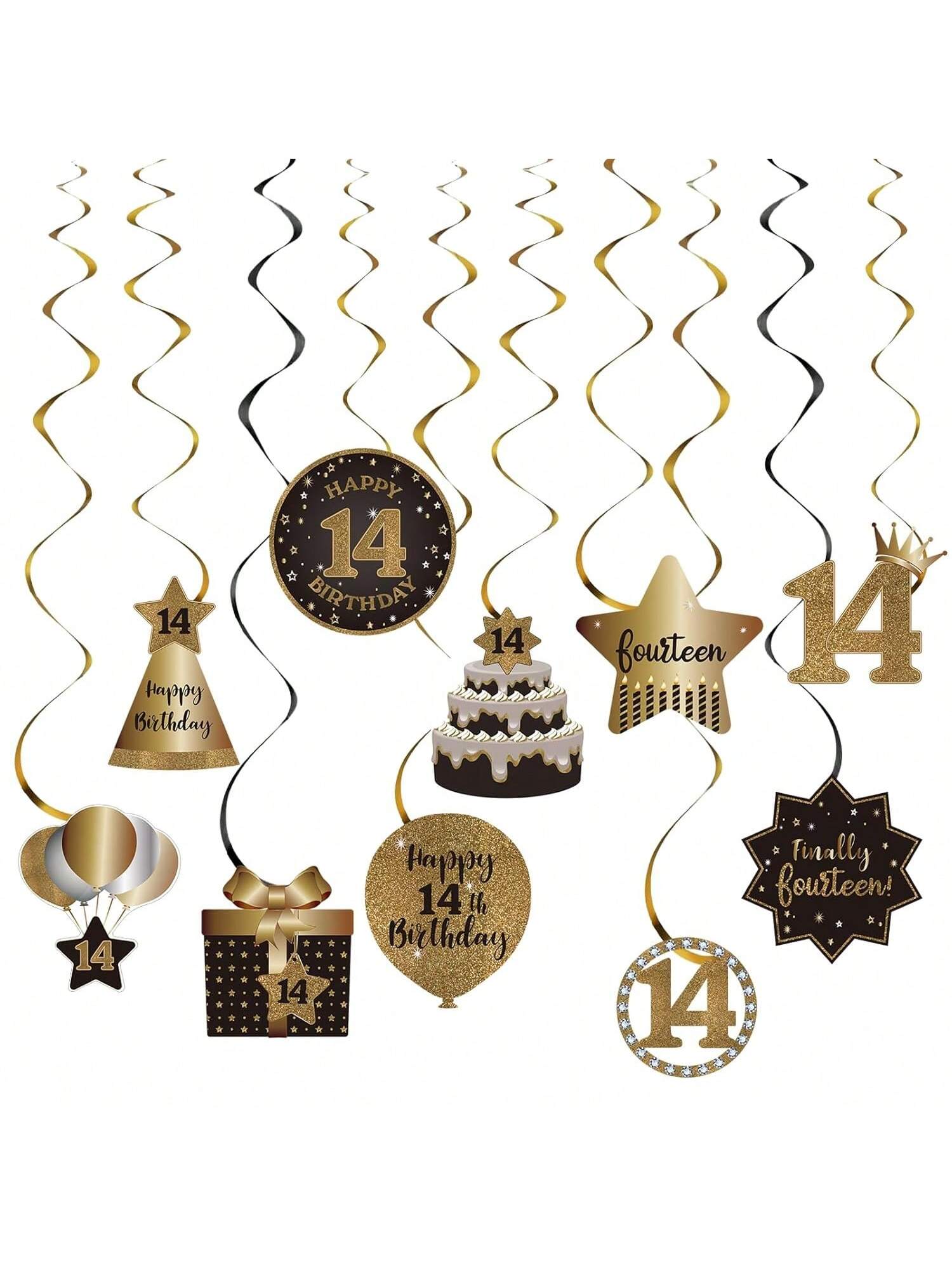 Happy 14th Birthday Hanging Foil Swirls with Cutouts Black & Gold Decor