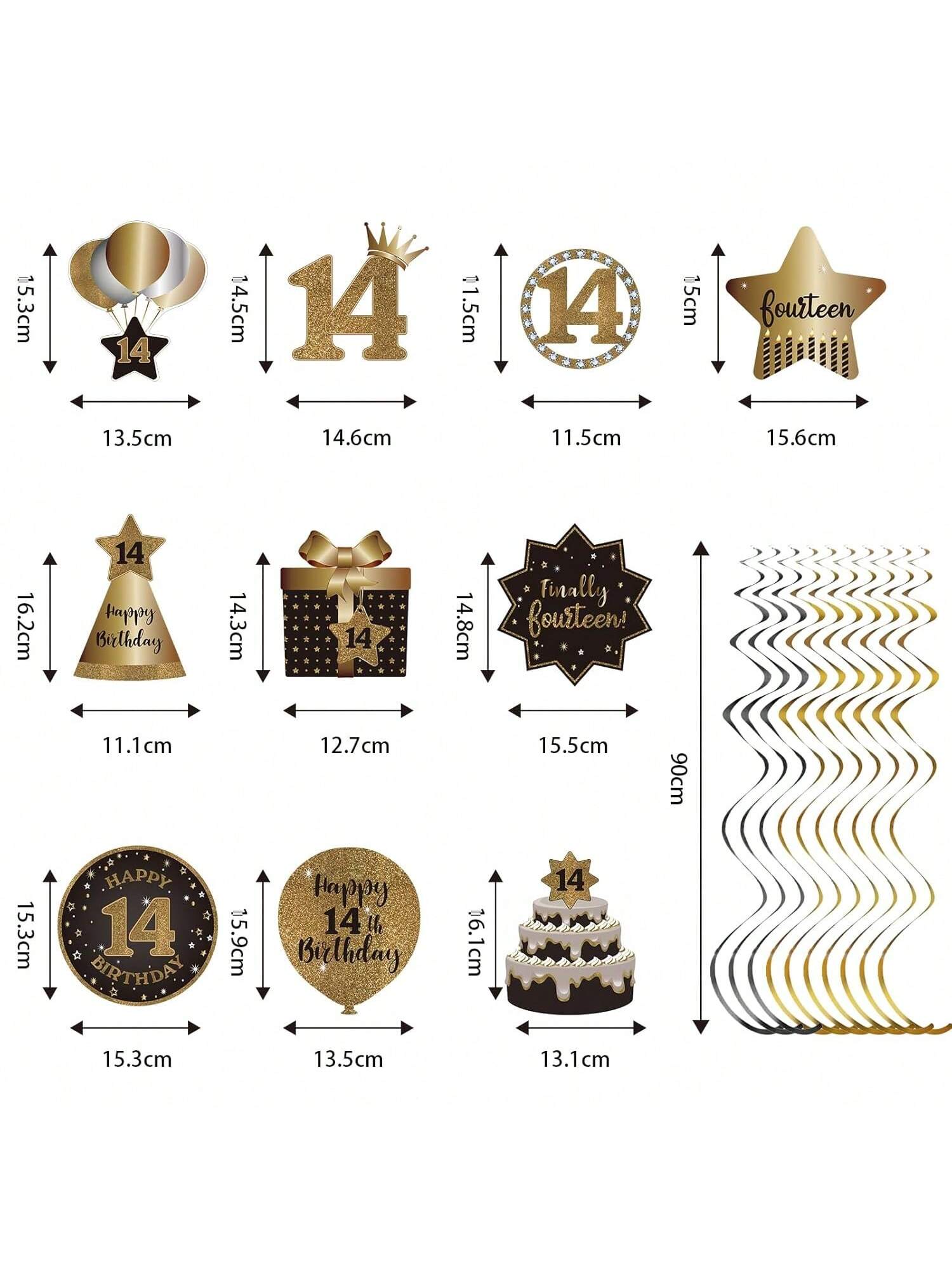 Happy 14th Birthday Hanging Foil Swirls with Cutouts Black & Gold Decor
