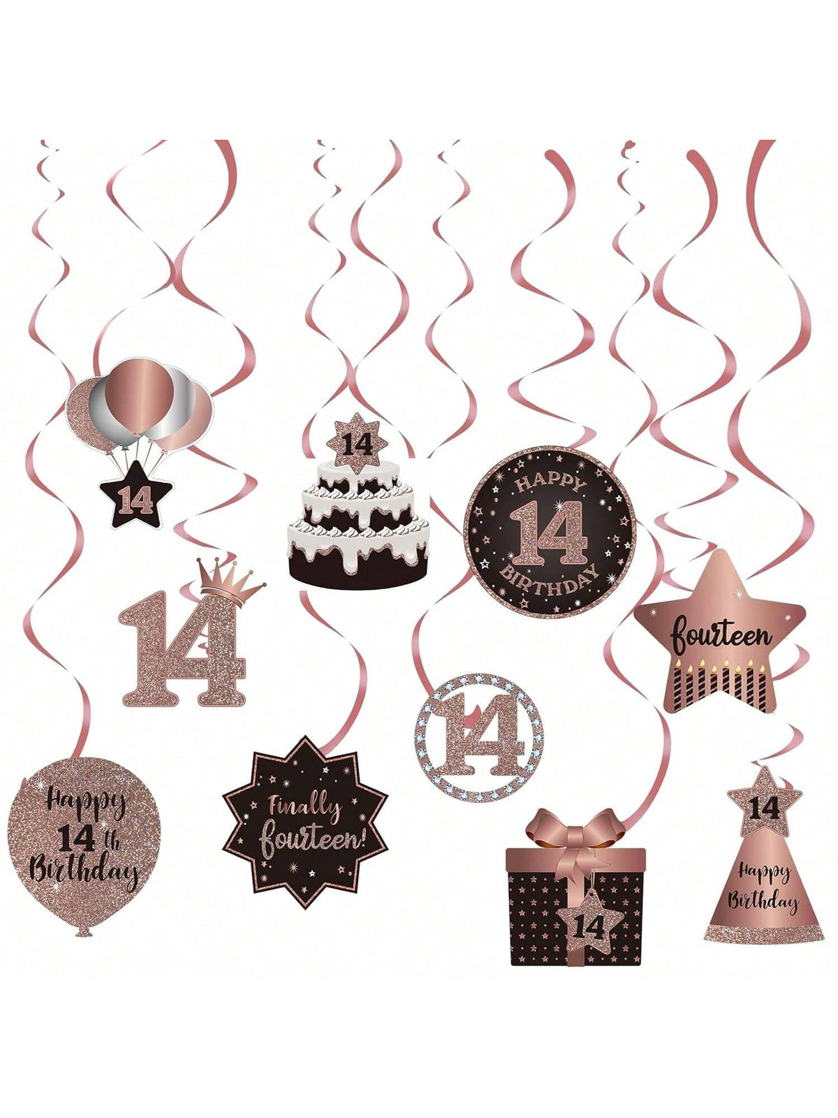Happy 14th Birthday Hanging Foil Swirls with Cutouts Rose Gold Decor