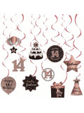Happy 14th Birthday Hanging Foil Swirls with Cutouts Rose Gold Decor
