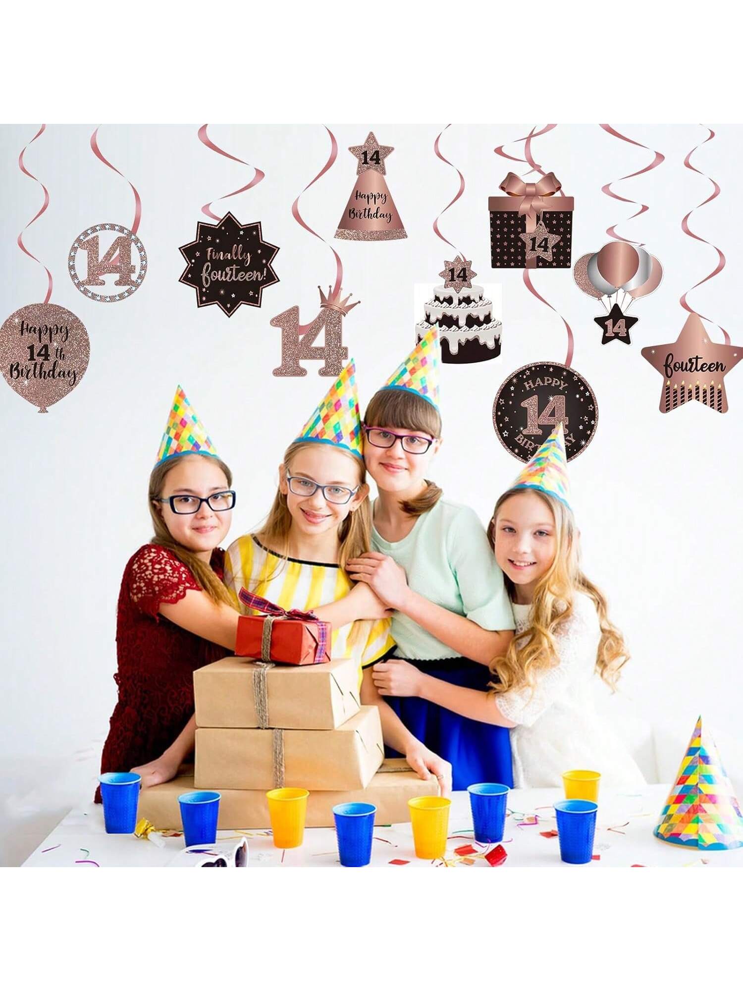 Happy 14th Birthday Hanging Foil Swirls with Cutouts Rose Gold Decor