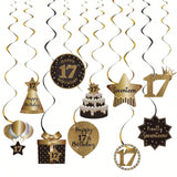 Happy 17th Birthday Hanging Foil Swirls with Cutouts Black & Gold Decor
