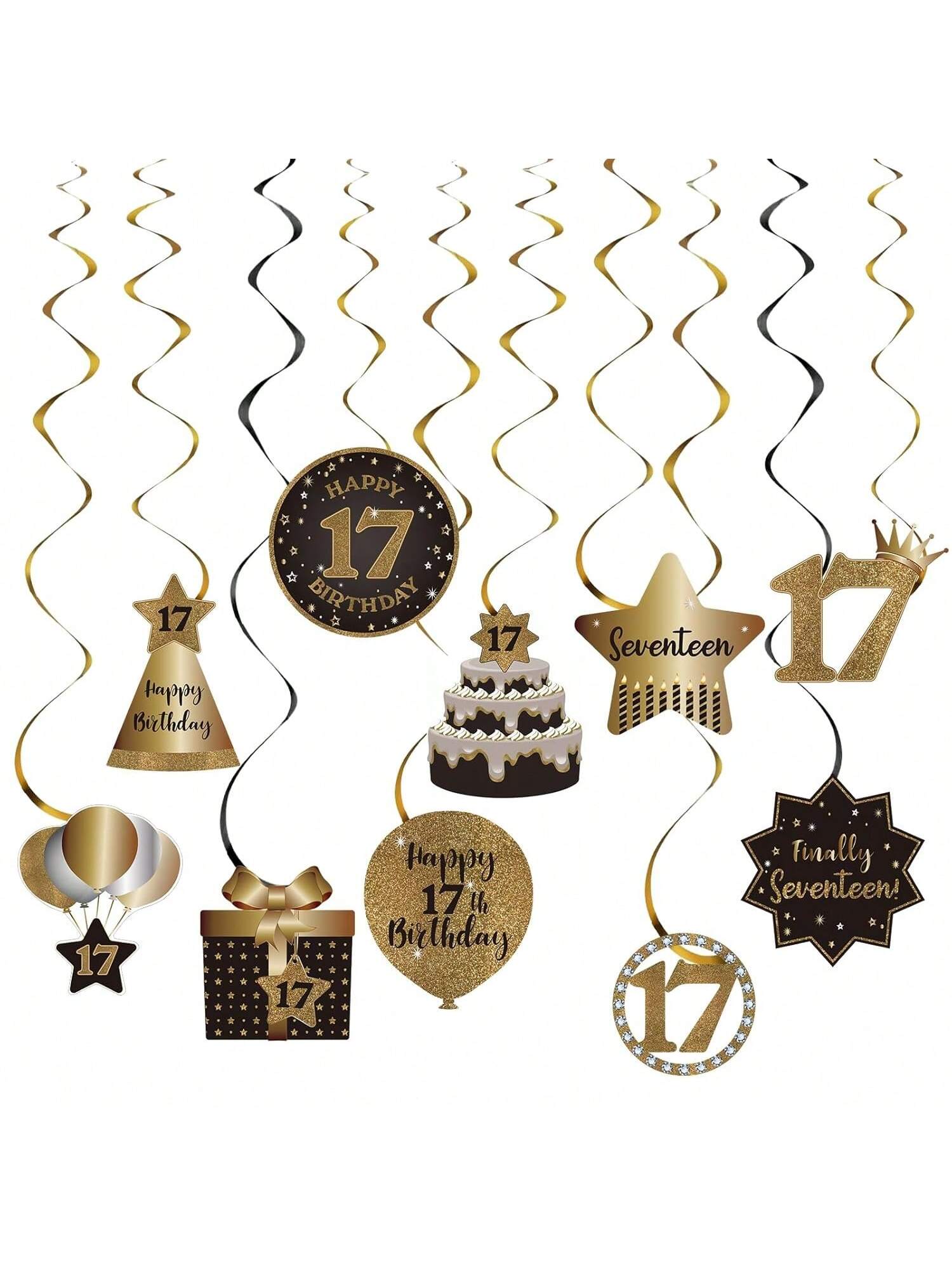 Happy 17th Birthday Hanging Foil Swirls with Cutouts Black & Gold Decor