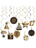 Happy 17th Birthday Hanging Foil Swirls with Cutouts Black & Gold Decor
