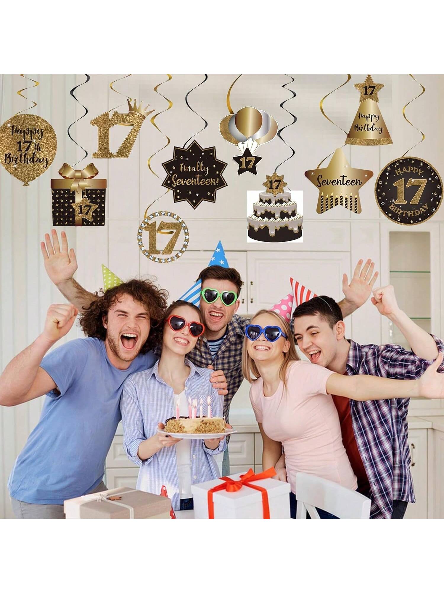Happy 17th Birthday Hanging Foil Swirls with Cutouts Black & Gold Decor