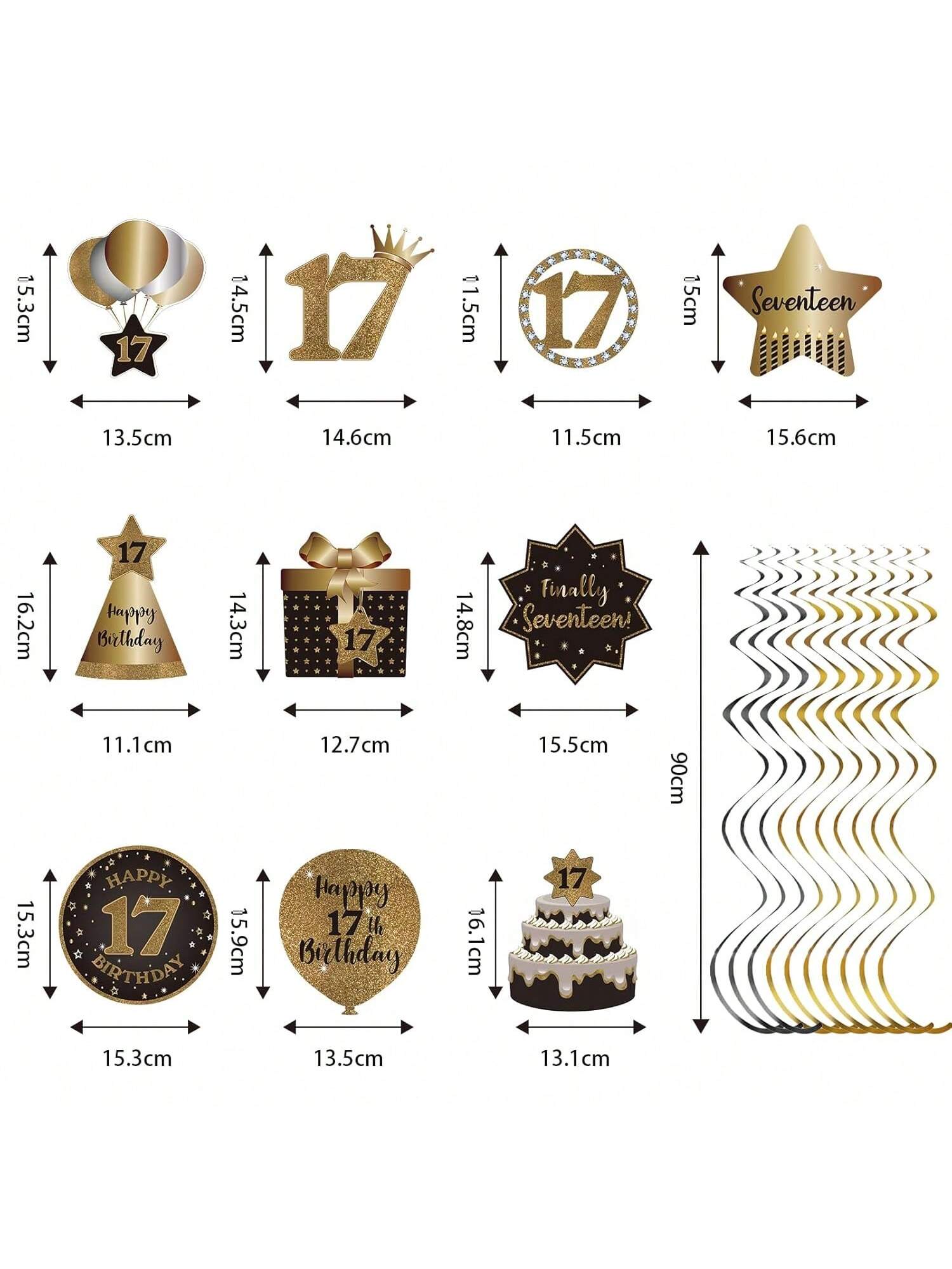 Happy 17th Birthday Hanging Foil Swirls with Cutouts Black & Gold Decor