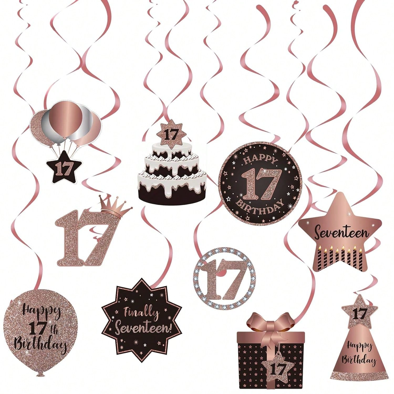 Happy 17th Birthday Hanging Foil Swirls with Cutouts Rose Gold Decor