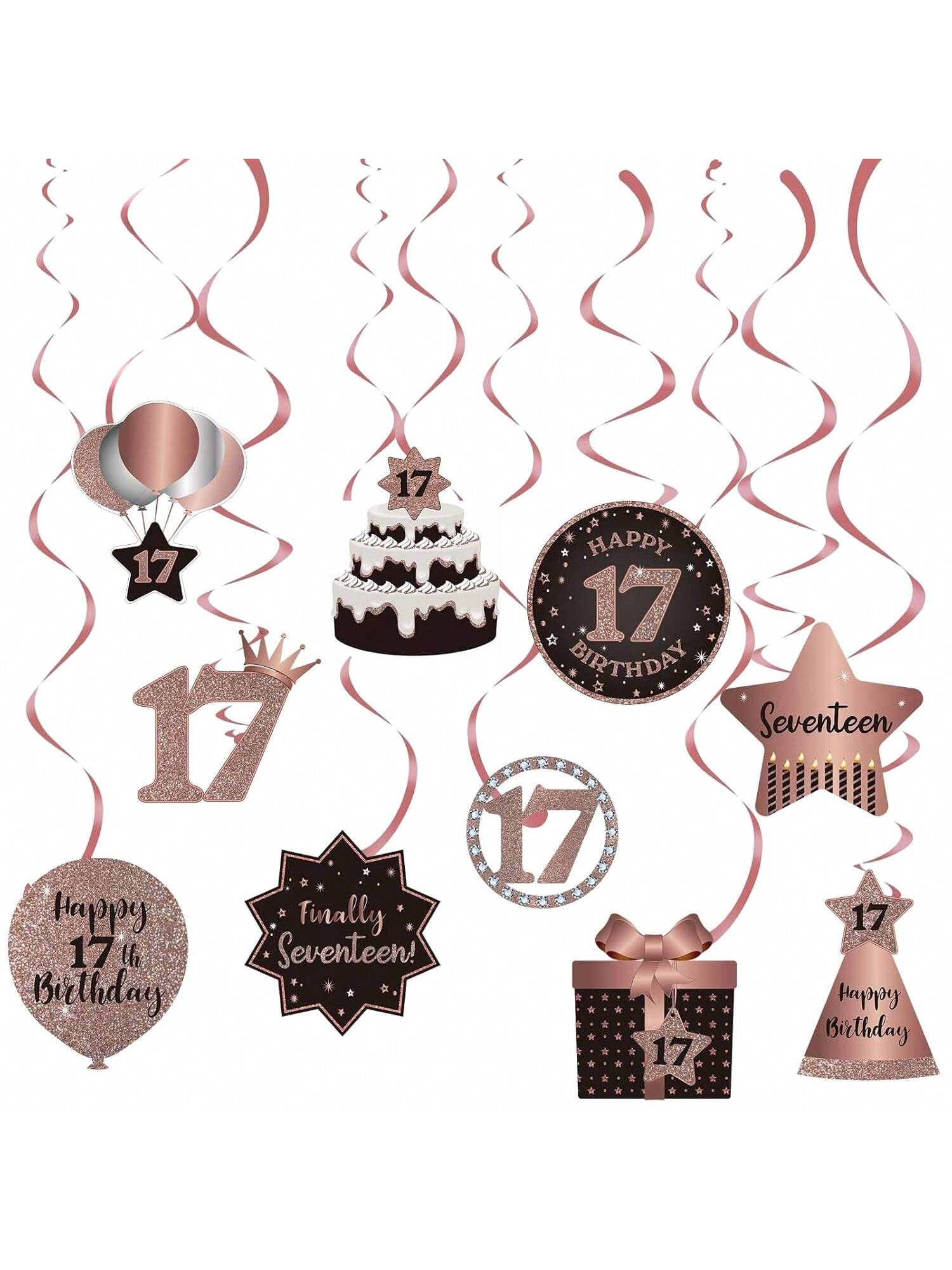 Happy 17th Birthday Hanging Foil Swirls with Cutouts Rose Gold Decor