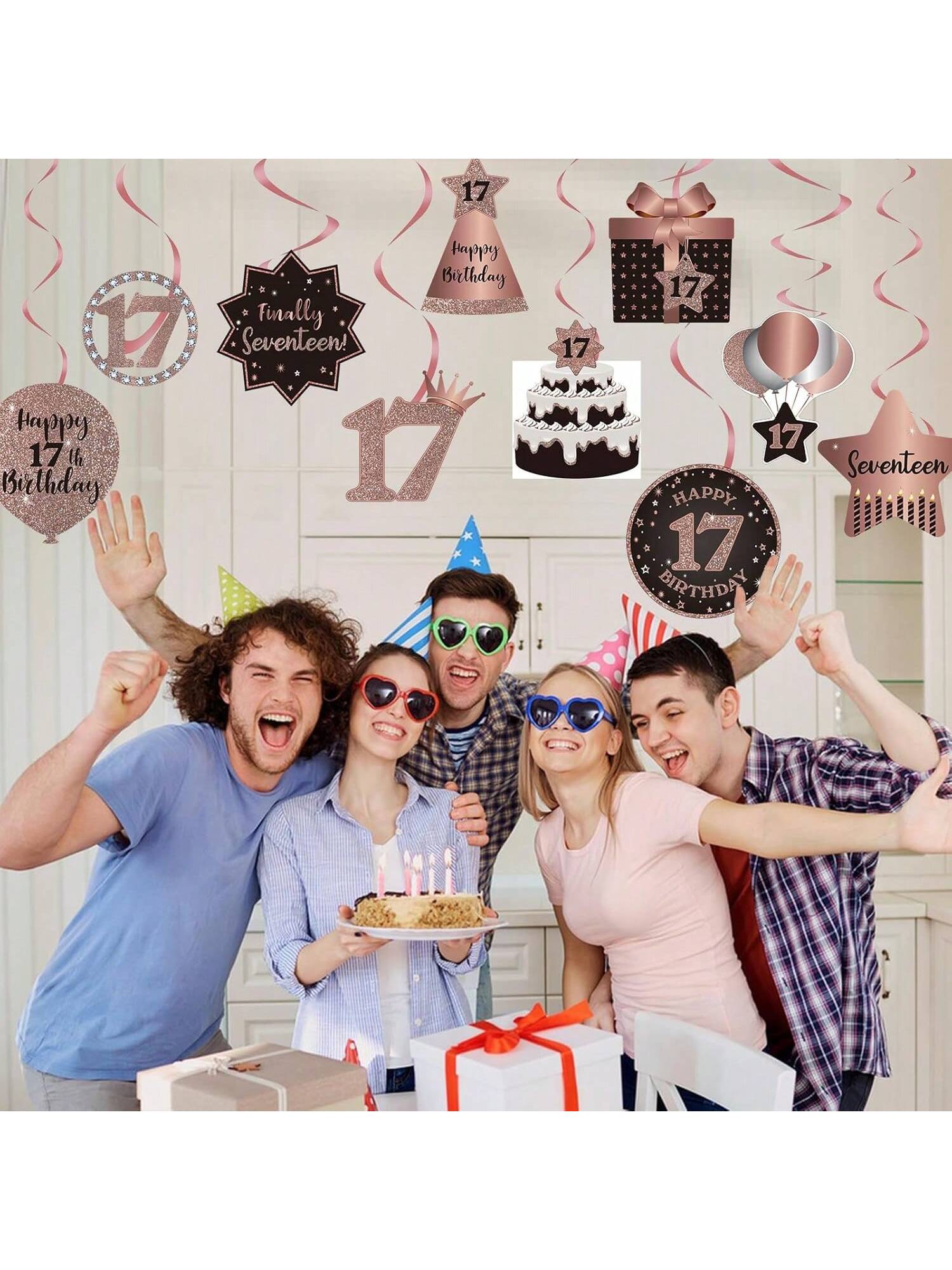 Happy 17th Birthday Hanging Foil Swirls with Cutouts Rose Gold Decor