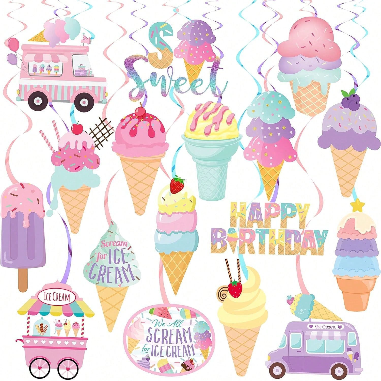 20pcs Ice Cream Party Hanging Swirls Cone Streamers for Summer Birthday Party