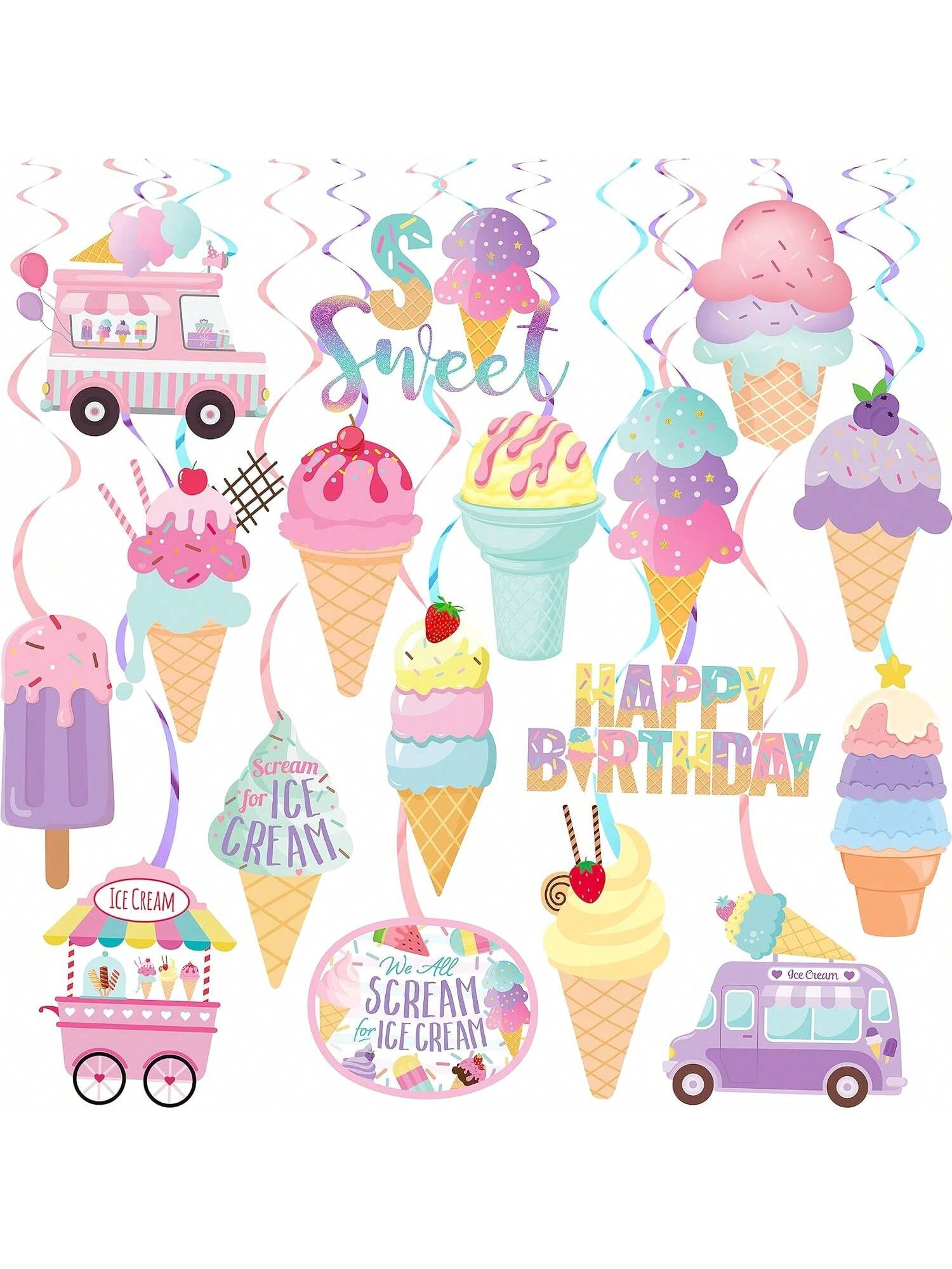 20pcs Ice Cream Party Hanging Swirls Cone Streamers for Summer Birthday Party