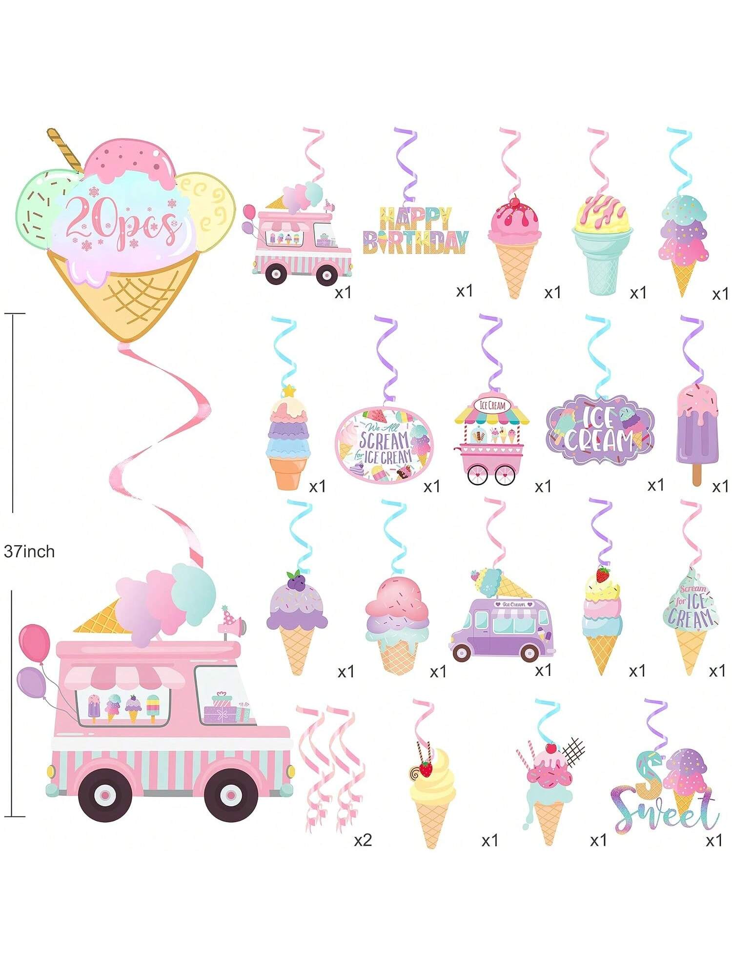 20pcs Ice Cream Party Hanging Swirls Cone Streamers for Summer Birthday Party