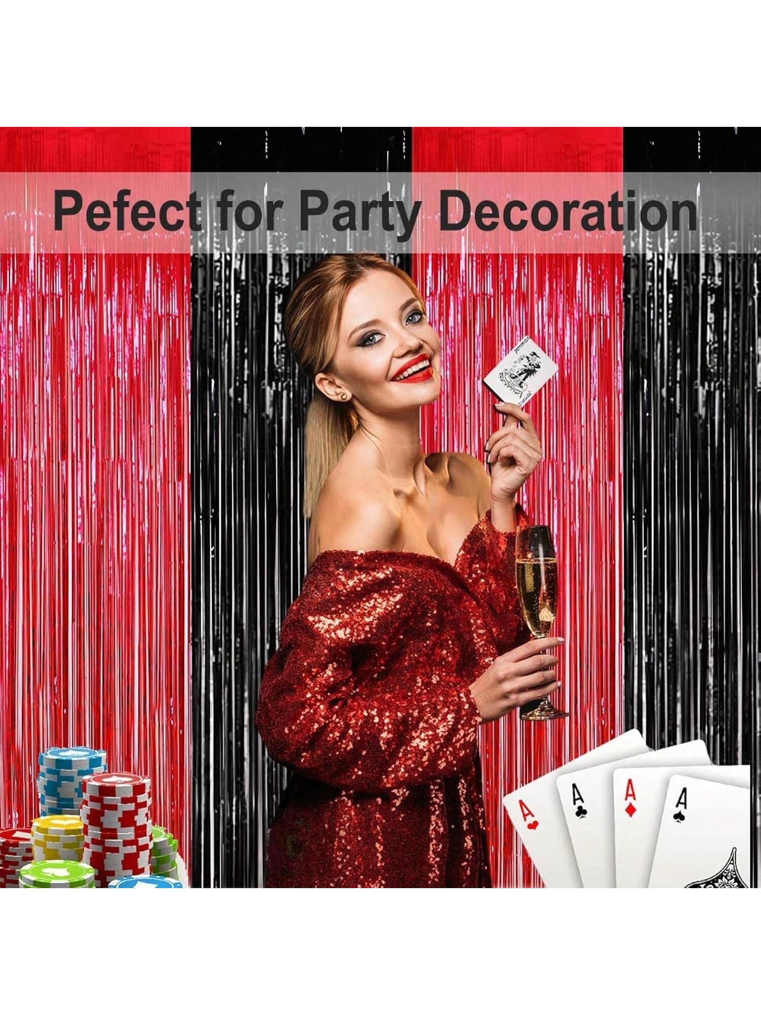 Red And Black Party Decorations- 4 Pack Of 3.2X8.2Ft Foil Fringe Curtains For Graduation Party Decorations 2024 Casino Theme Party Decorations Red And Black Birthday Decorations -