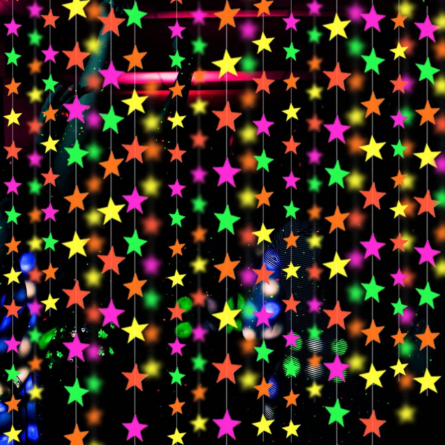 110ft UV Neon Star Paper Streamers Glow Party Decorations for Birthday & Wedding