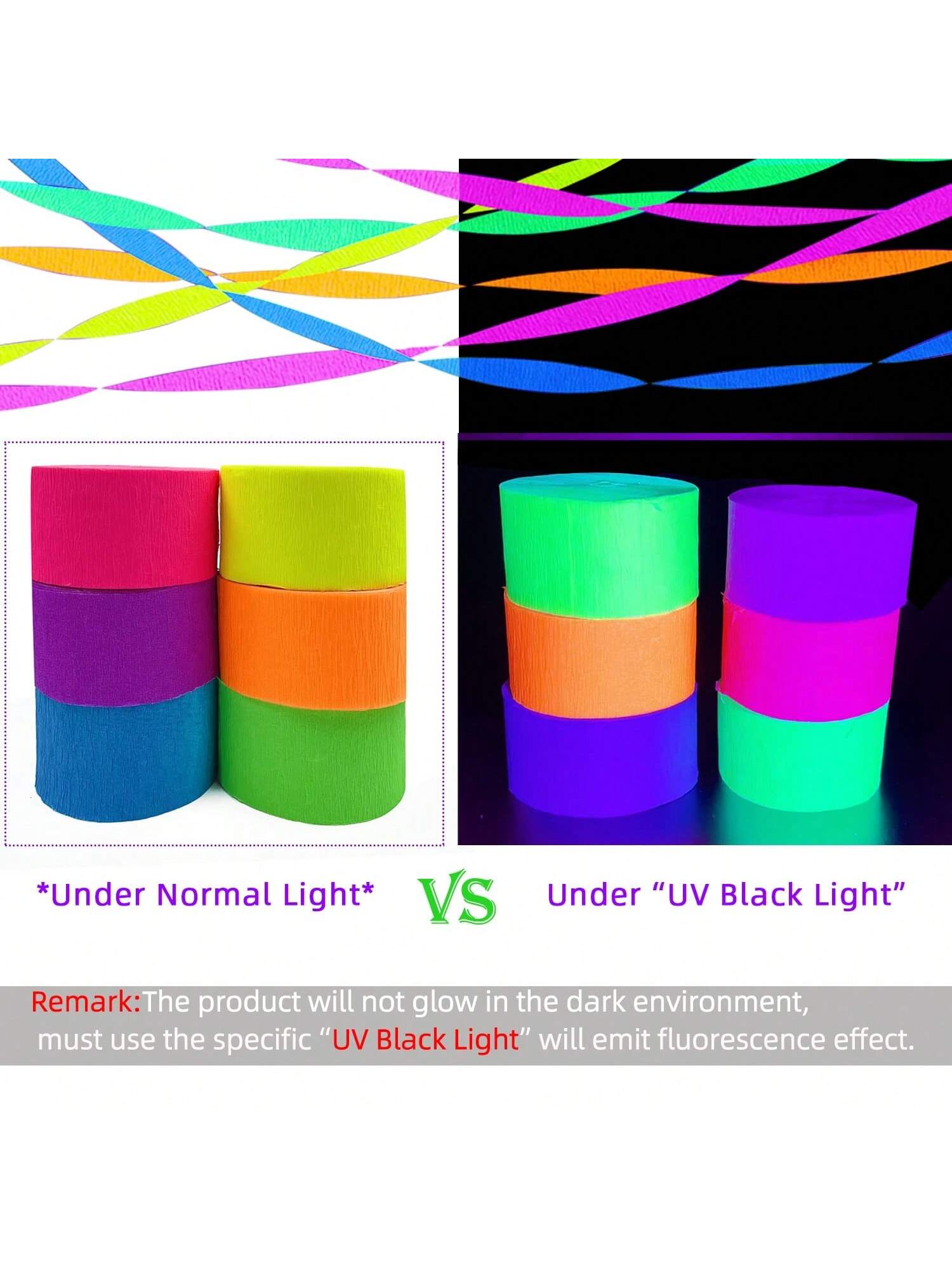 600Ft Glow Crepe Paper Streamers Neon UV Blacklight Party Decorations