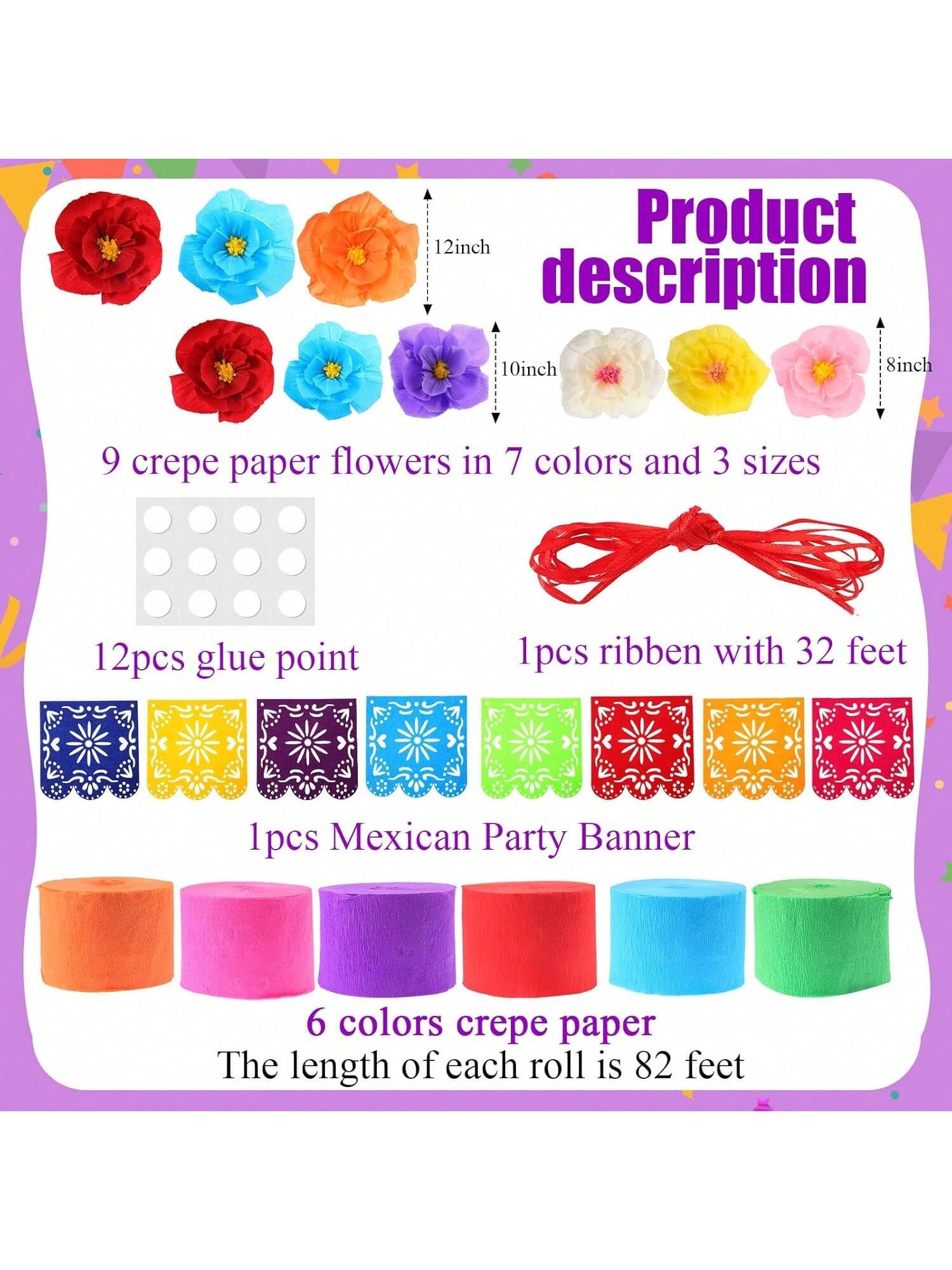 16pcs Mexican Paper Flower Party Decor with Banner and Streamer Set