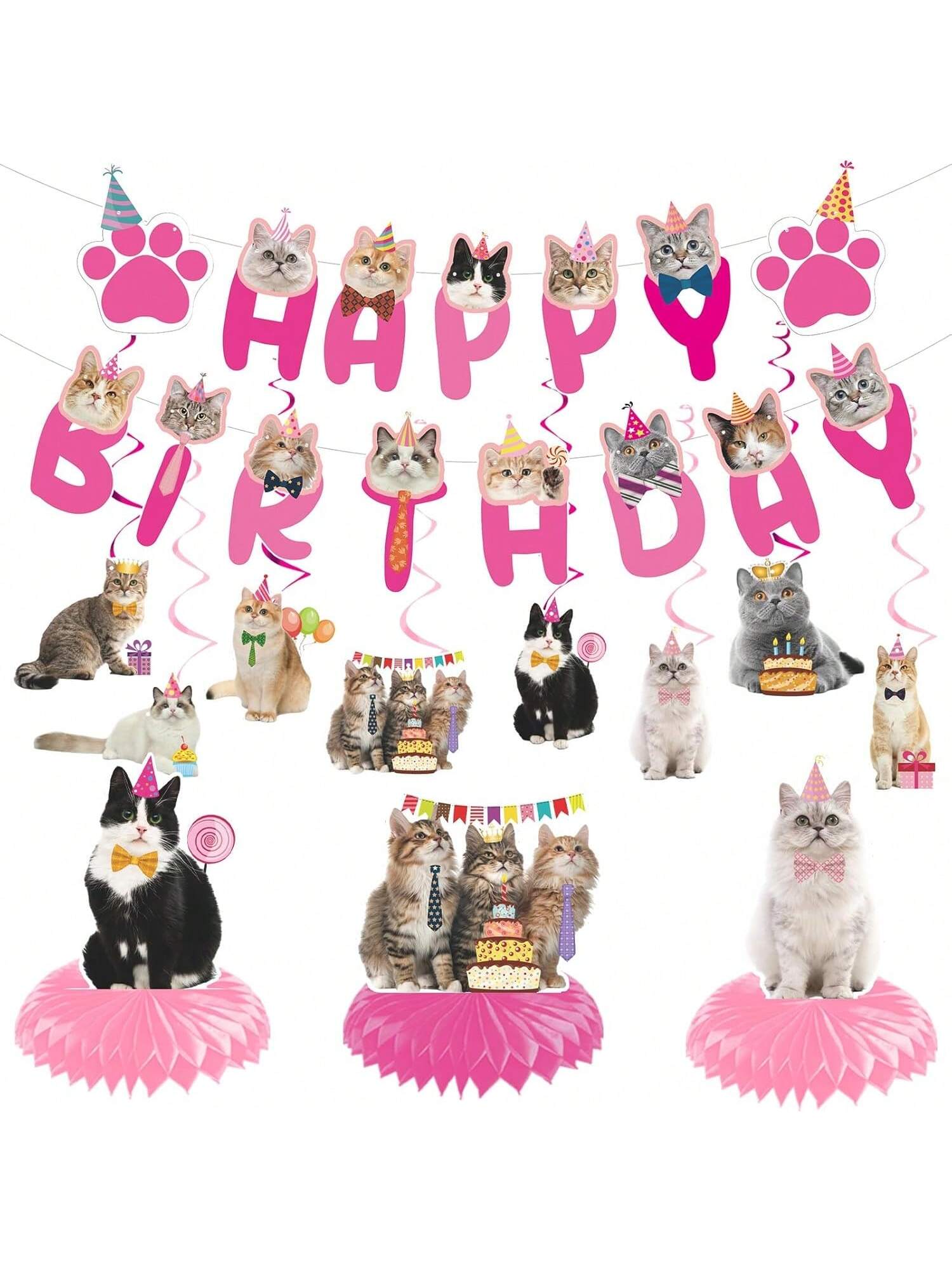 Cat Birthday Hanging Swirls 20pcs Pink Cat Theme Party Decor