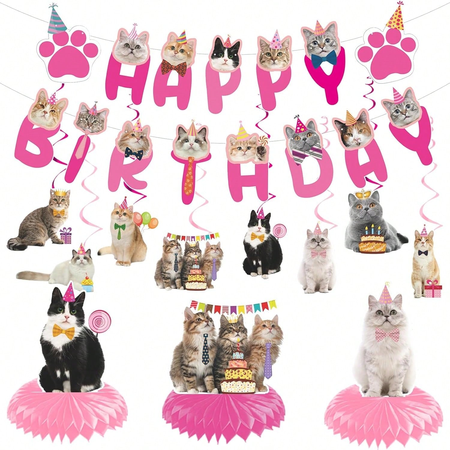 Cat Birthday Hanging Swirls 20pcs Pink Cat Theme Party Decor