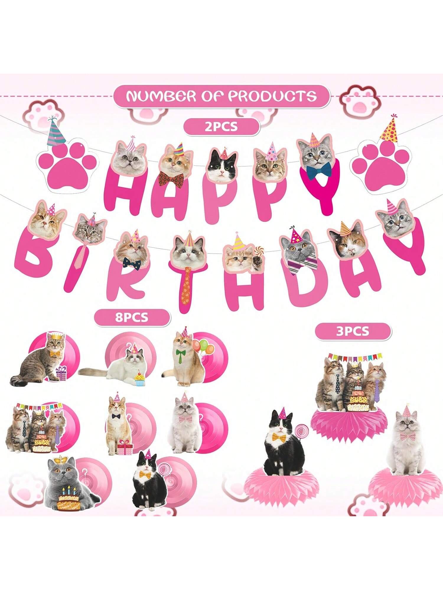 Cat Birthday Hanging Swirls 20pcs Pink Cat Theme Party Decor