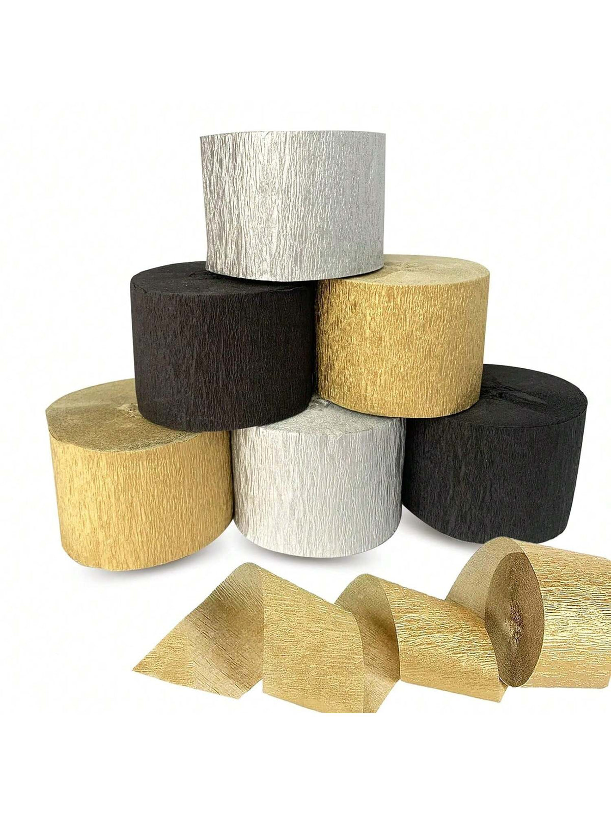 6-Pack Crepe Paper Streamers Gold Silver Black 82ft for Birthday Wedding Decor