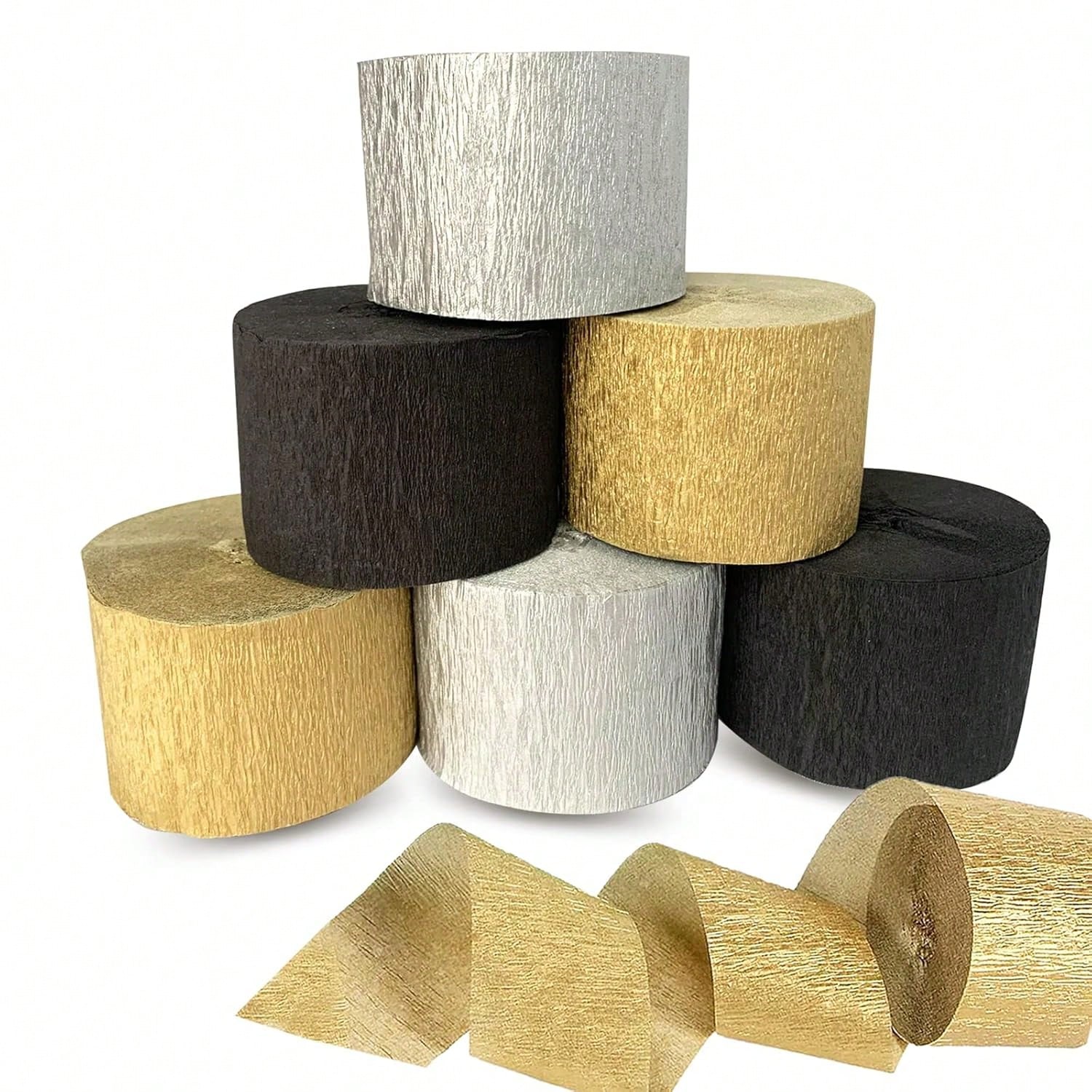 6-Pack Crepe Paper Streamers Gold Silver Black 82ft for Birthday Wedding Decor