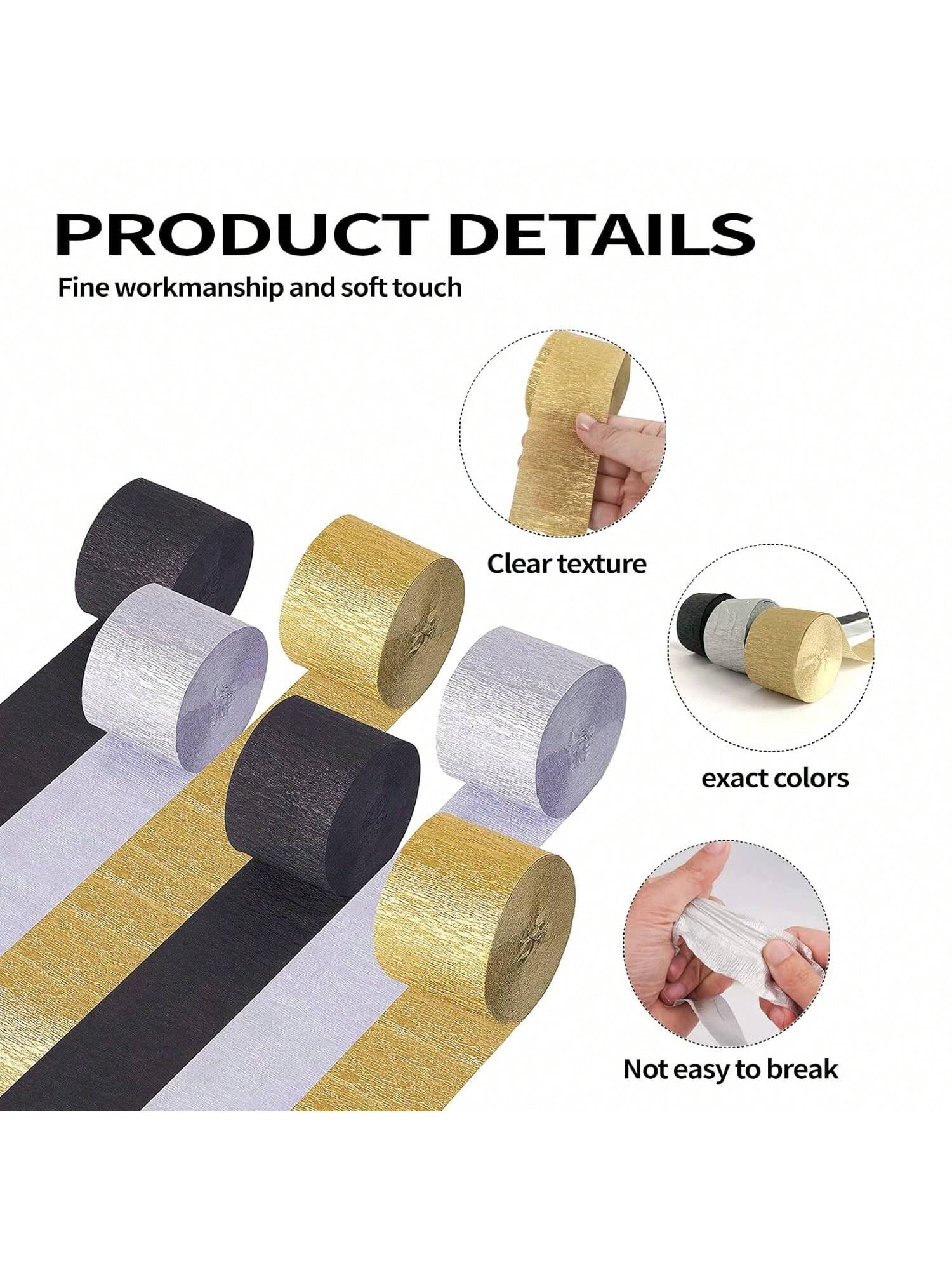 6-Pack Crepe Paper Streamers Gold Silver Black 82ft for Birthday Wedding Decor