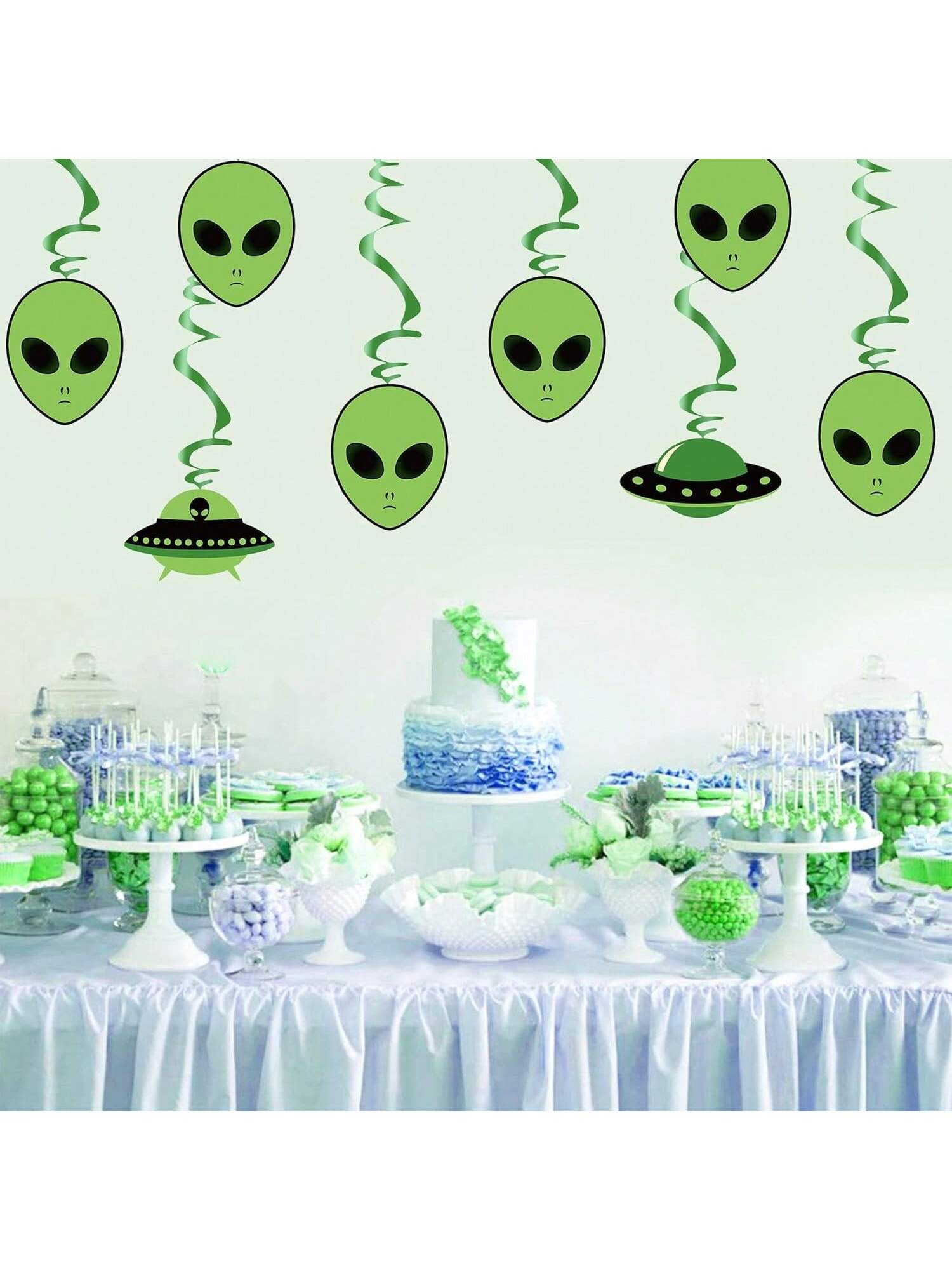 Green Alien Theme Hanging Swirls UFO Party Decorations for Kids Birthday & Shower